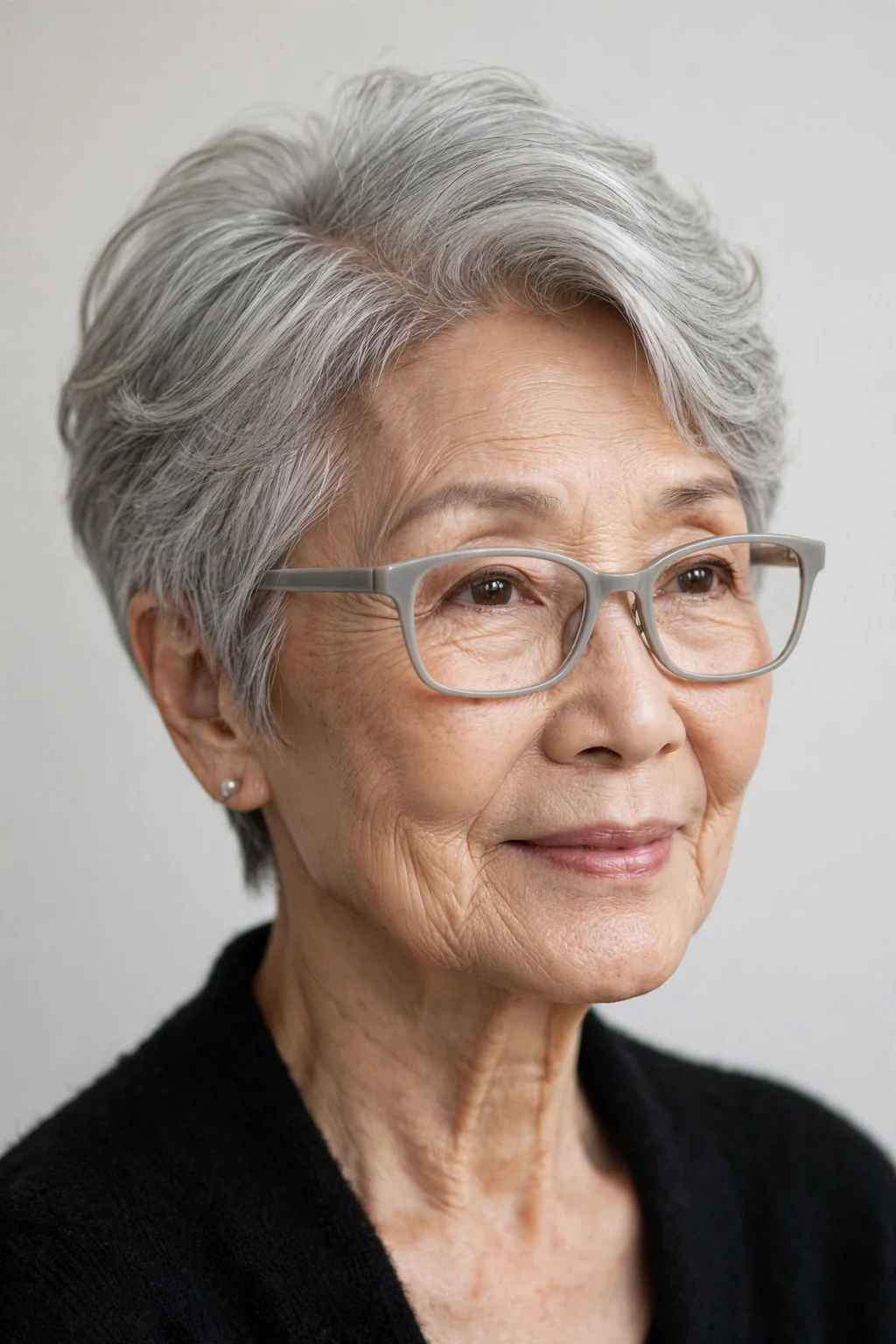 Elegant older woman with fine hair and glasses and pixie with deep side part, elegant sweeping volume, refined light.