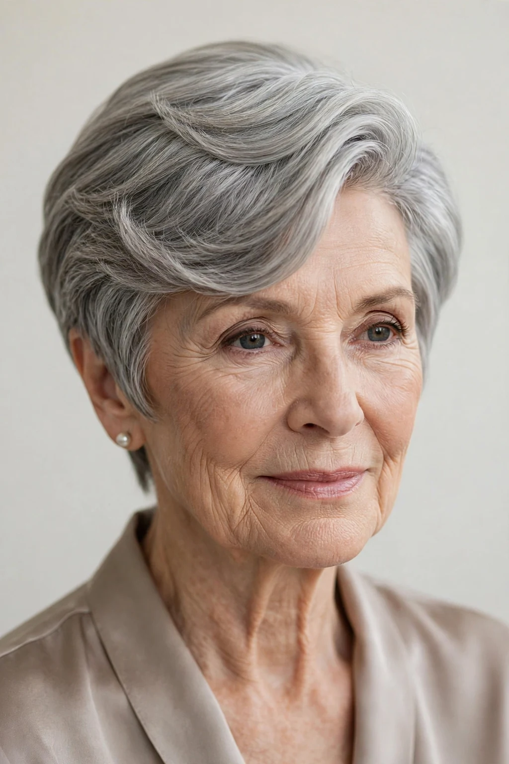 Elegant older woman with pixie with deep side part, dramatic elegant sweep, refined light.