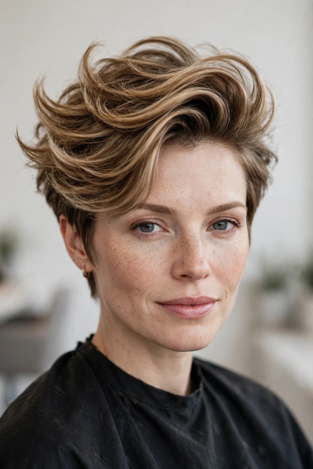Woman with pixie and deep side part, dramatic volume sweep, elegant light.