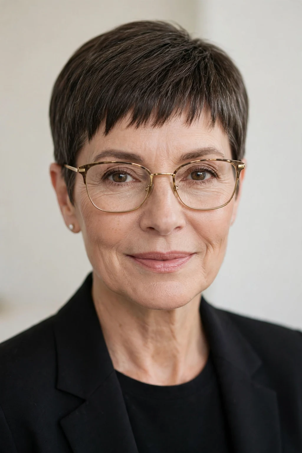 Elegant woman over 50 with glasses and pixie with glasses-friendly fringe, tailored neat bangs, flattering light.