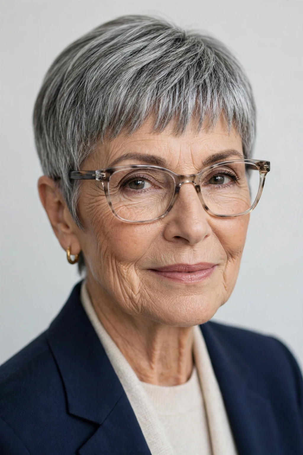 Elegant woman over 60 with glasses and pixie with glasses-friendly fringe, tailored neat bangs, flattering light.