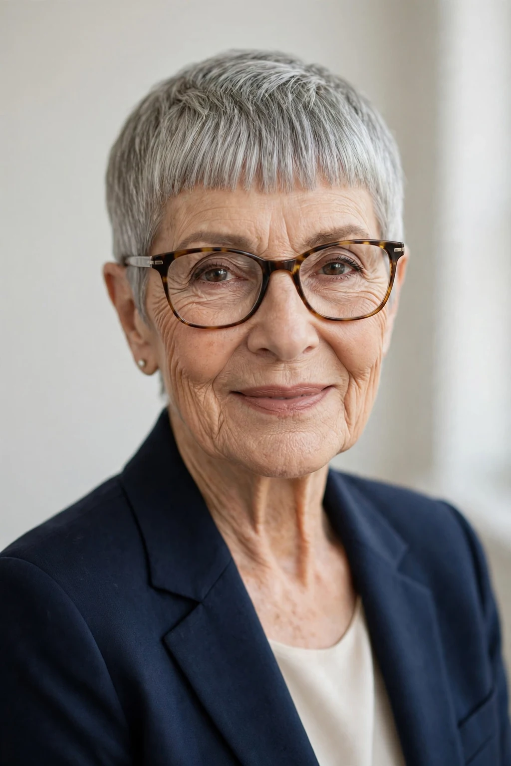Elegant woman over 70 with glasses and pixie with glasses-friendly fringe, tailored neat bangs, flattering light.