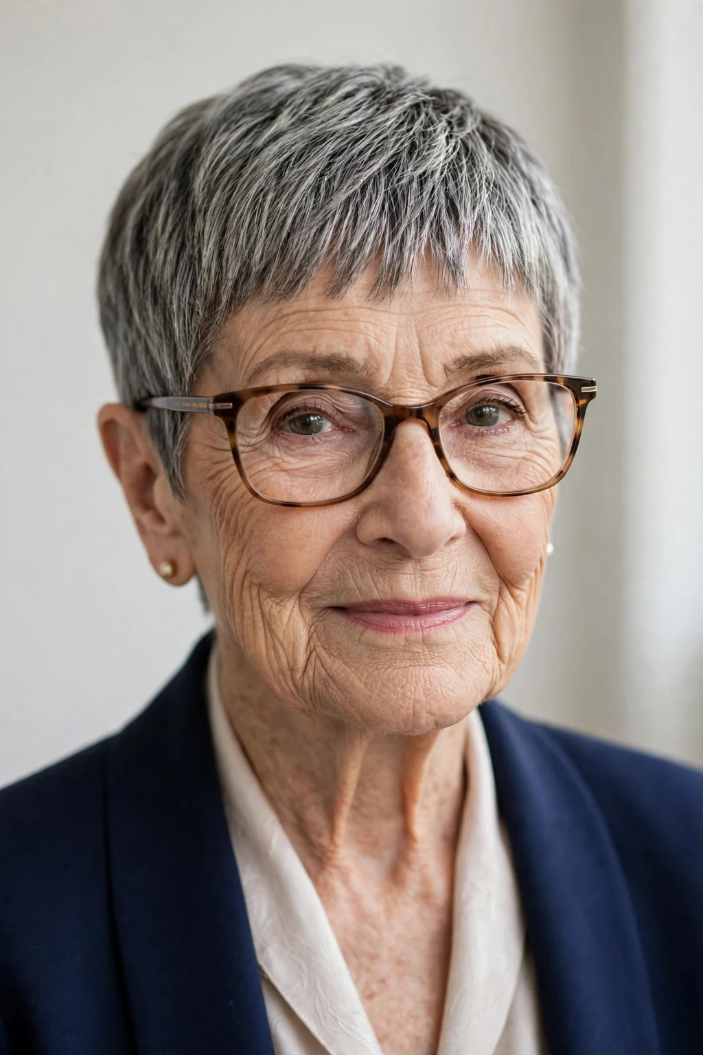Elegant woman over 80 with glasses and pixie with glasses-friendly fringe, tailored neat bangs, flattering light.