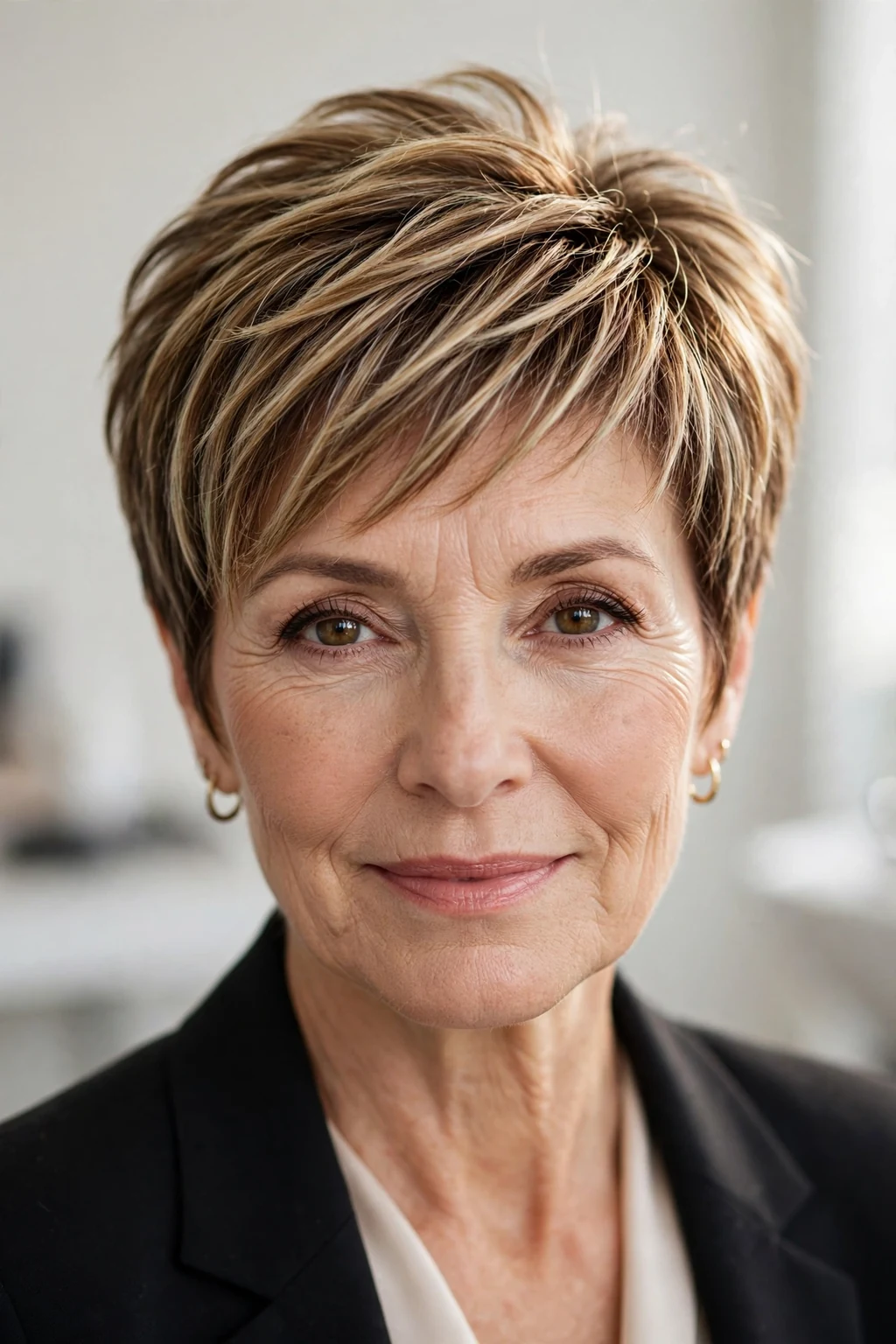 Elegant woman over 50 with highlighted pixie, dimensional radiant color, luminous light.