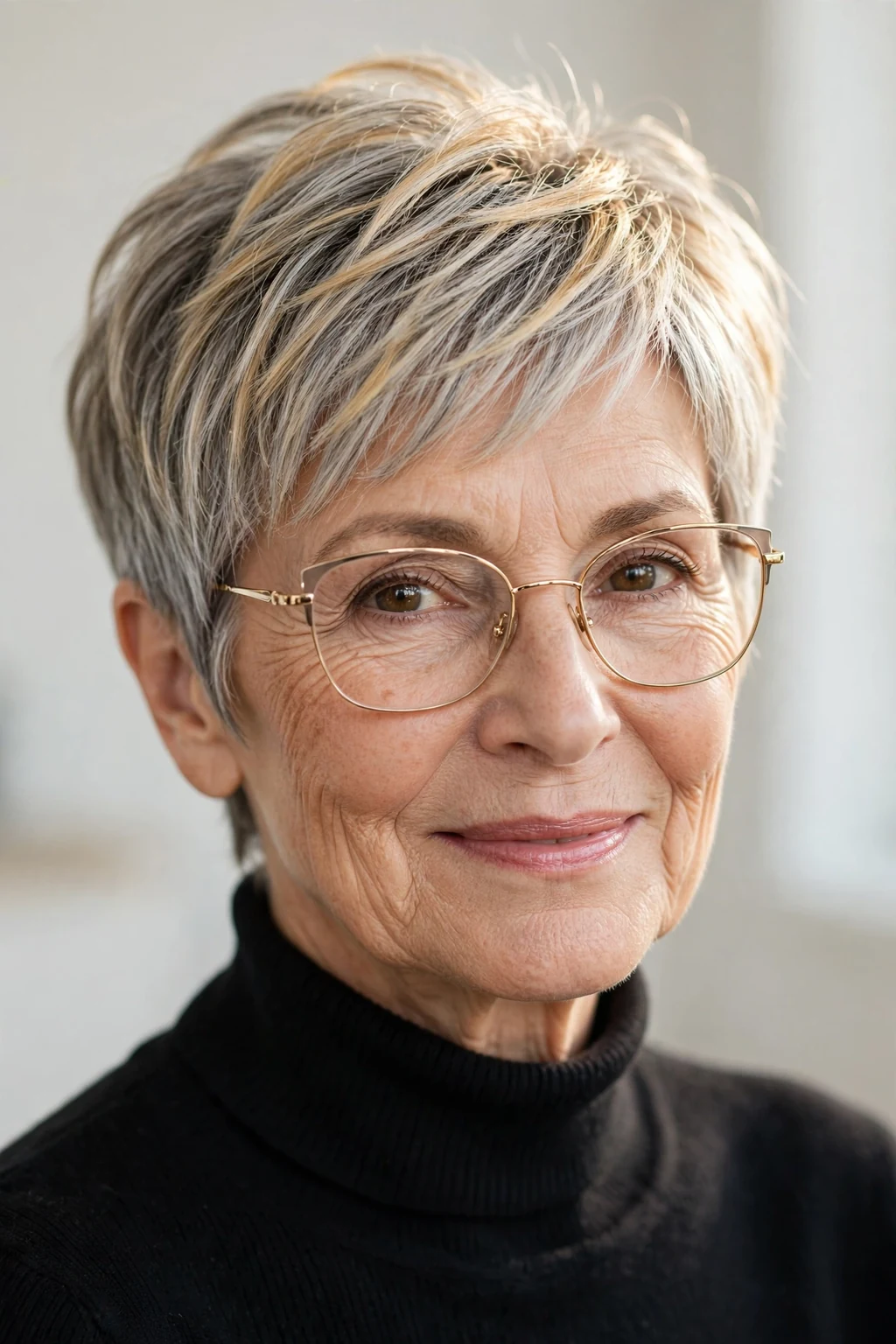 Elegant woman over 60 with glasses and highlighted pixie, dimensional radiant color, luminous light.