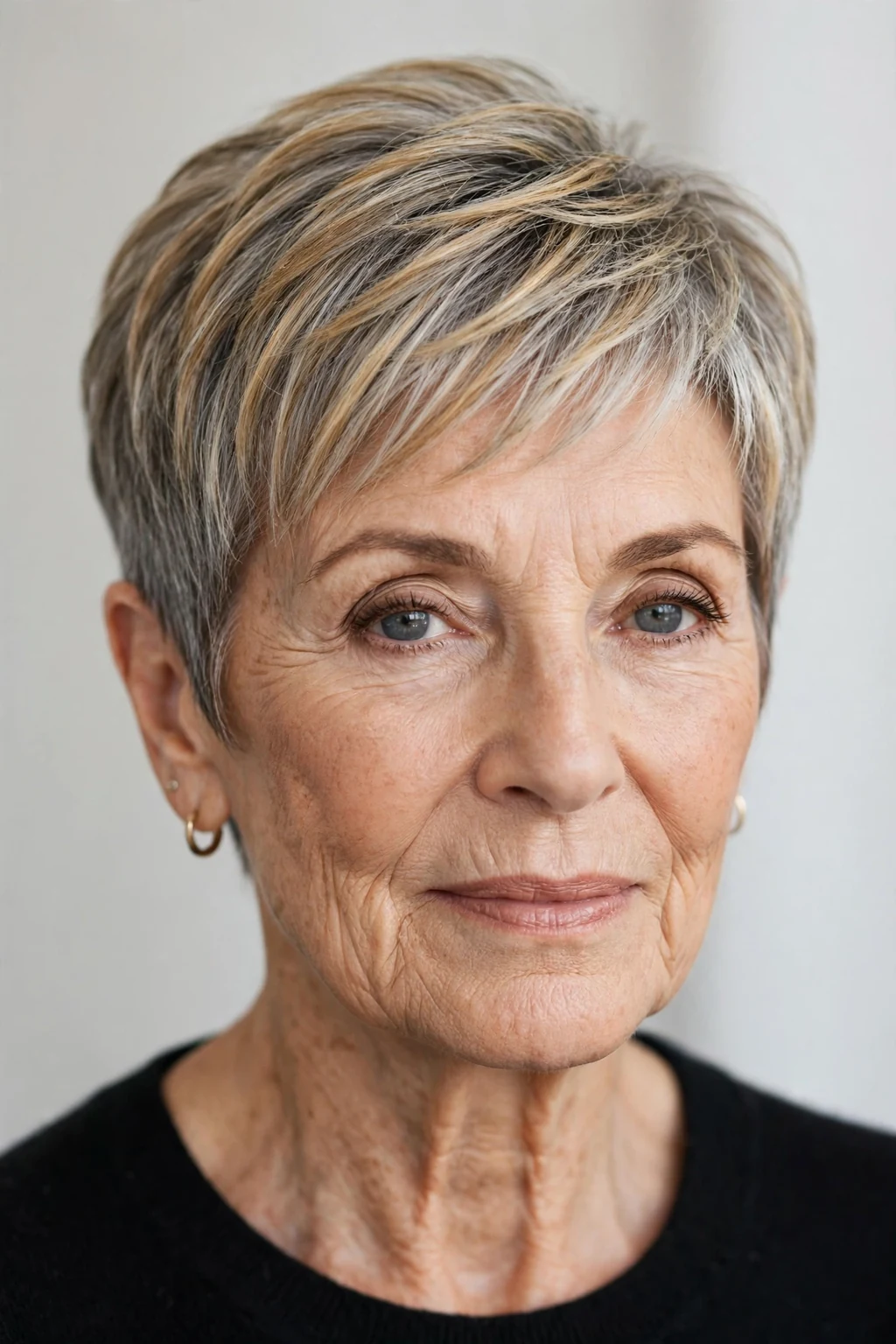 Elegant woman over 60 with highlighted pixie, dimensional radiant color, luminous light.