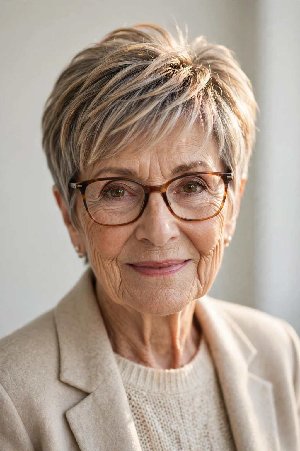 Elegant woman over 70 with glasses and highlighted pixie, dimensional radiant color, luminous light.