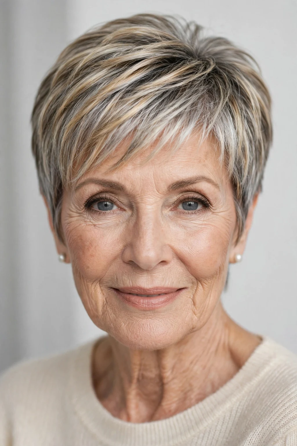 Elegant woman over 70 with highlighted pixie, dimensional radiant color, luminous light.