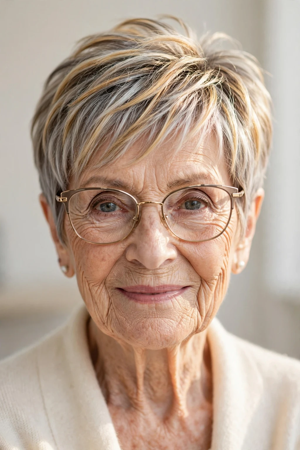 Elegant woman over 80 with glasses and highlighted pixie, dimensional radiant color, luminous light.
