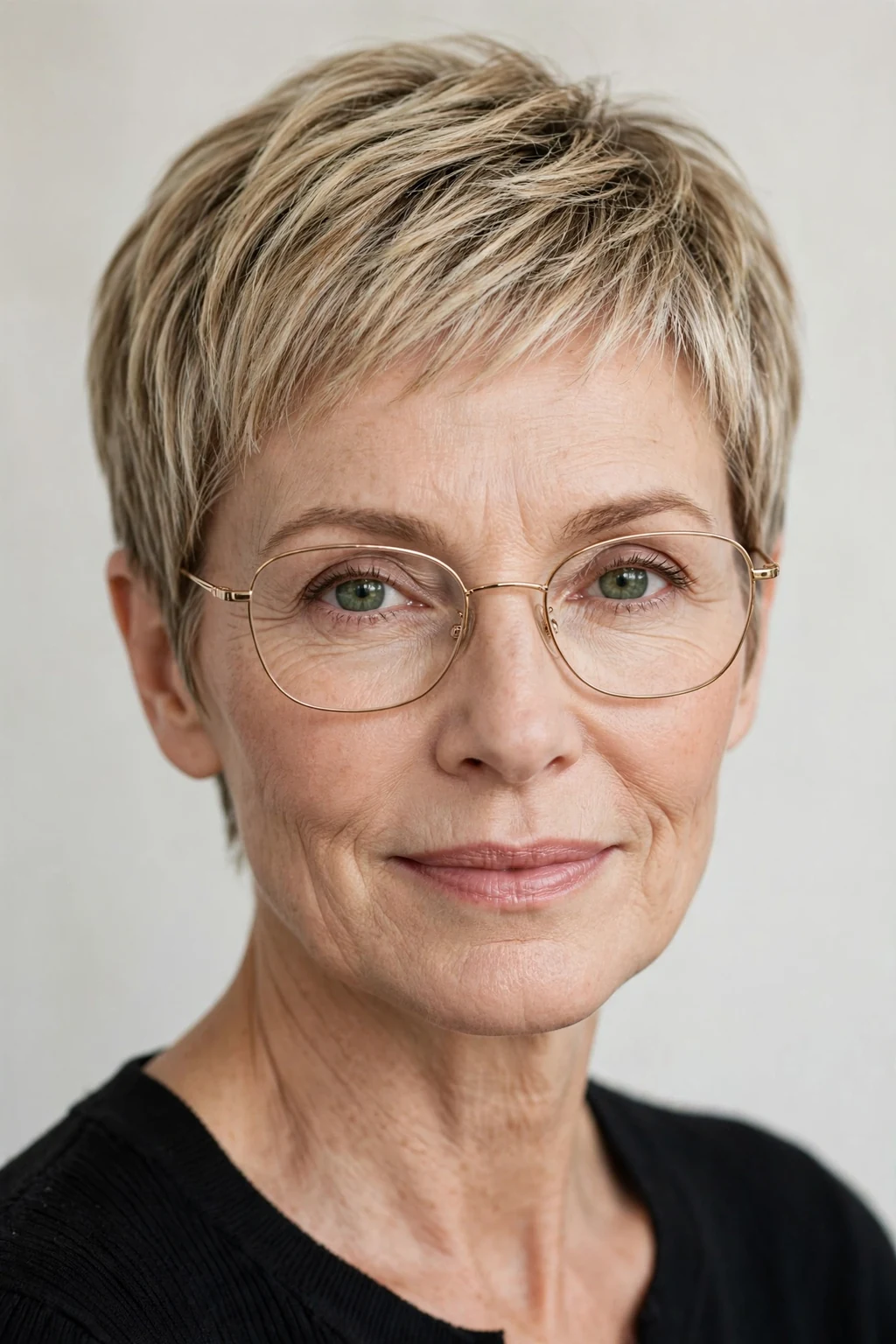 Elegant woman over 50 with fine hair and glasses and highlighted pixie, dimensional radiant color, luminous light.