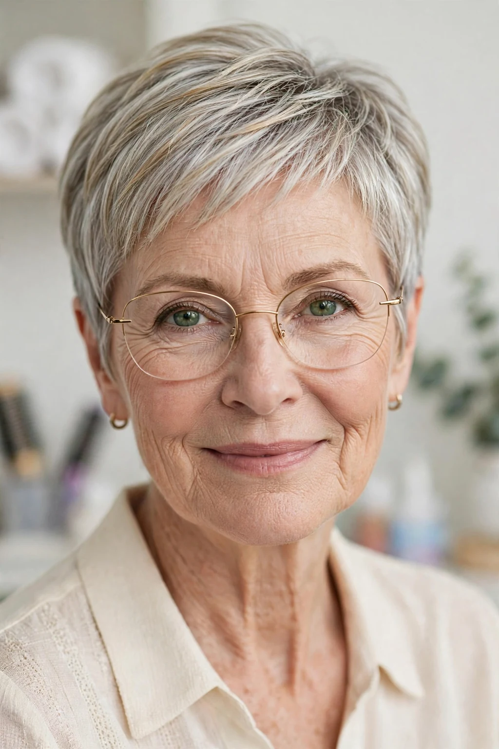 Elegant older woman with fine hair and glasses and highlighted pixie, dimensional radiant color, luminous light.