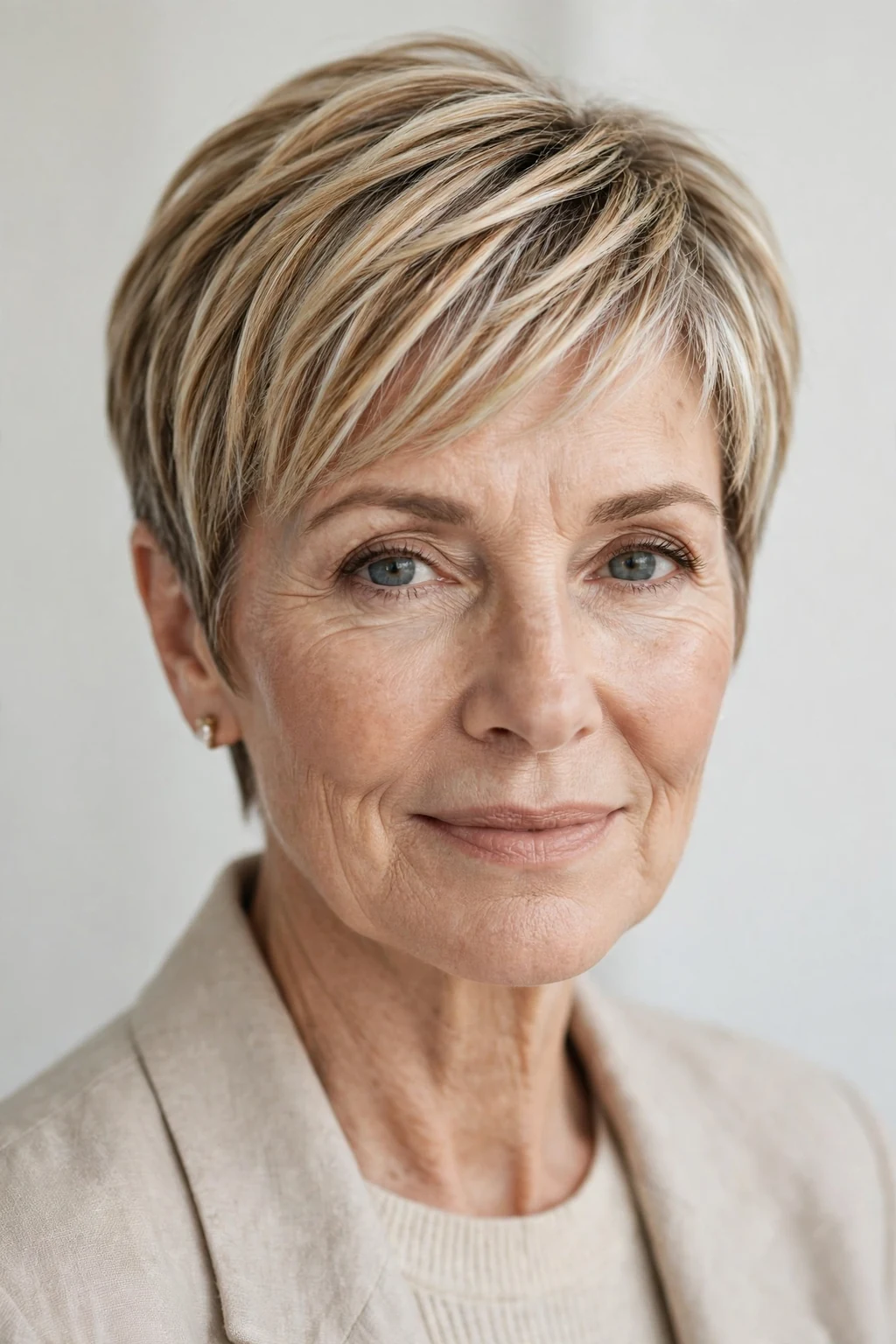 Elegant older woman with highlighted pixie, dimensional radiant color, luminous light.