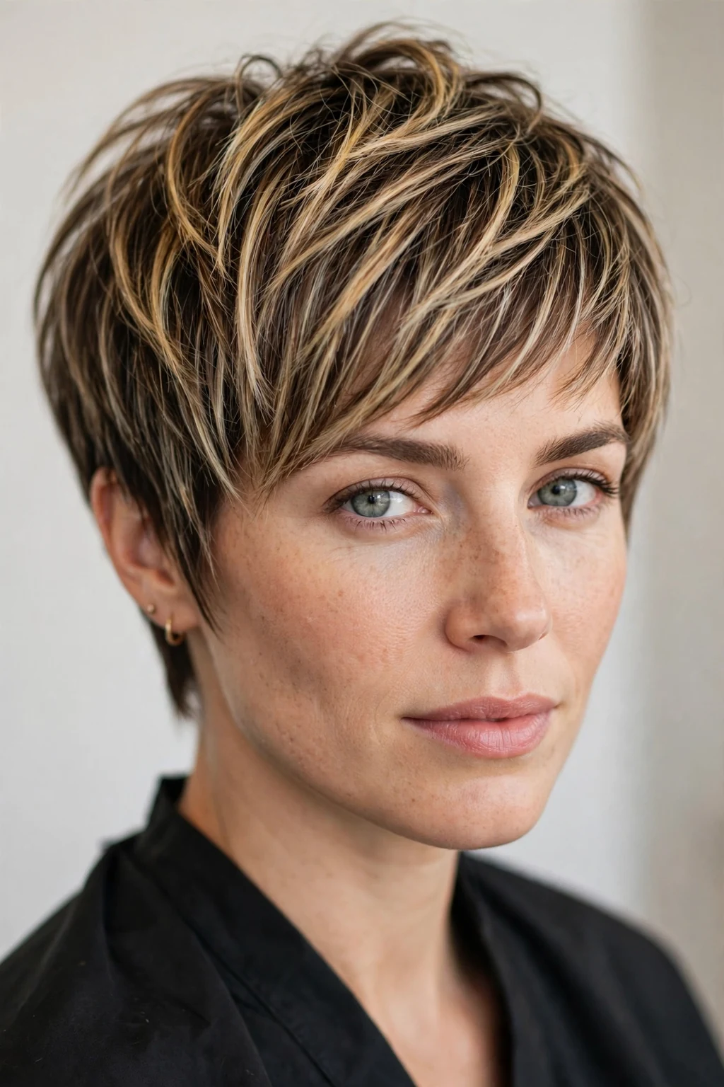 Woman with pixie and highlights for depth, dimensional color on short cut, bright light.