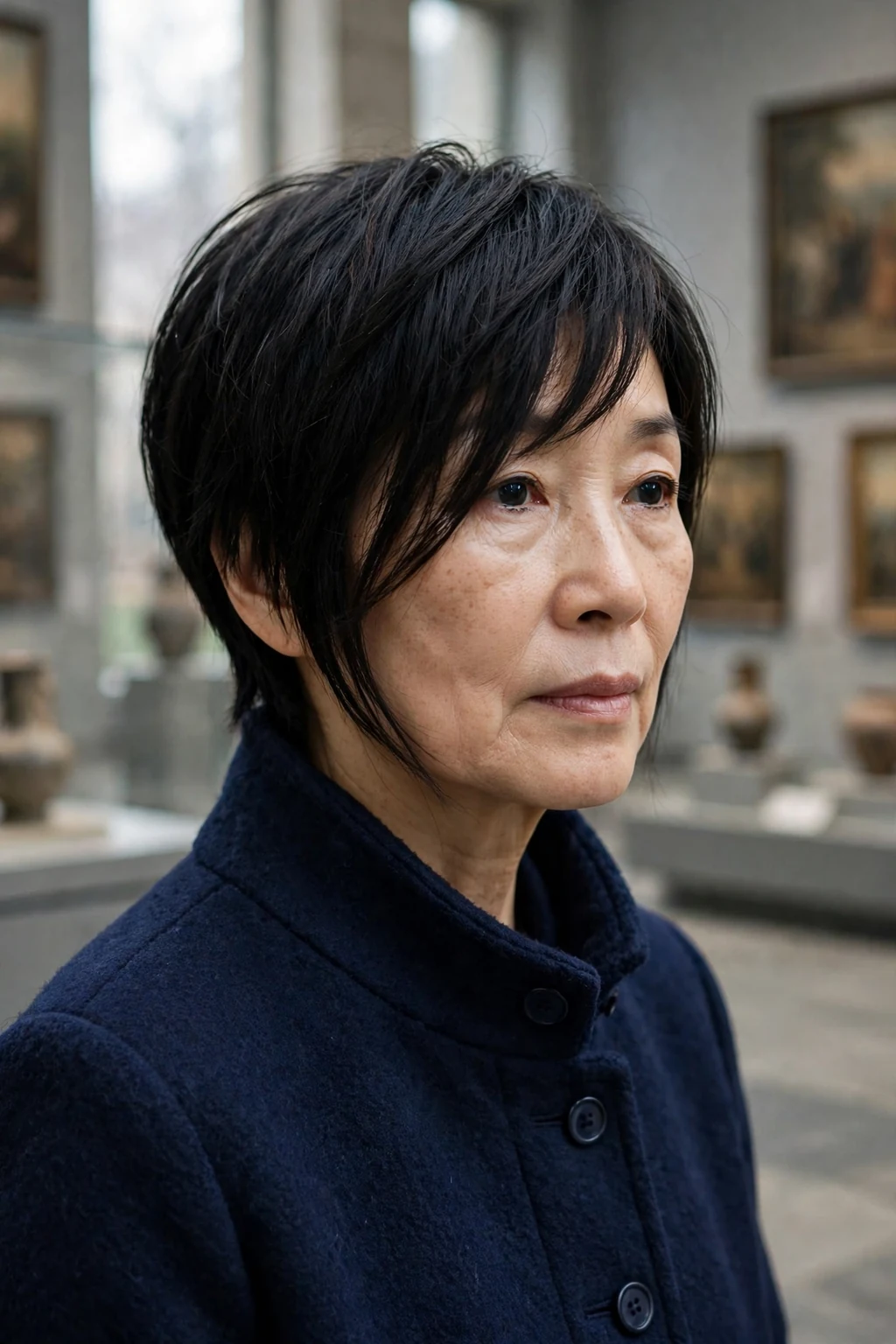 An East Asian woman around sixty with a pixie haircut and long bangs, wearing a navy coat in a museum.