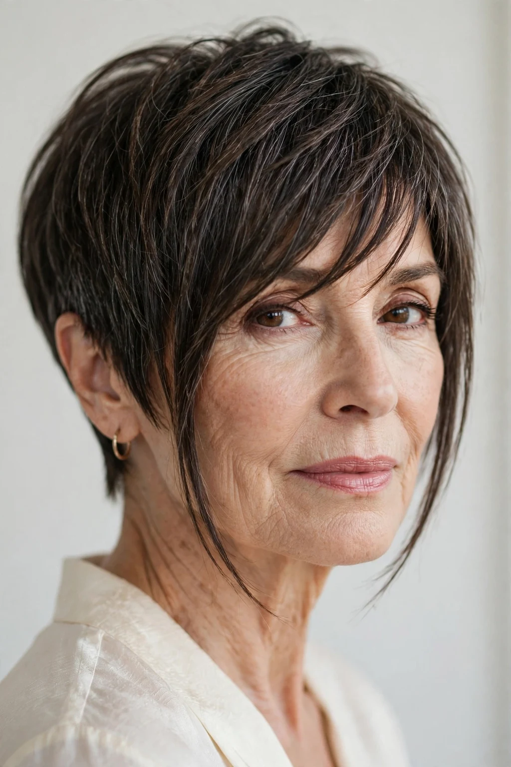 Elegant woman over 50 with pixie with long fringe, dramatic face-framing length, chic light.