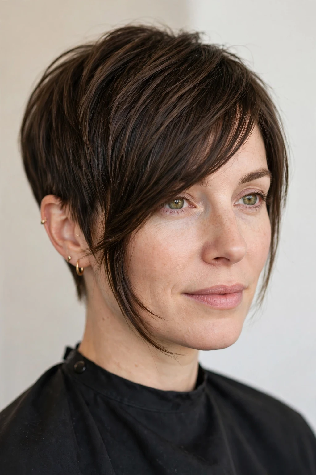 Woman with pixie and long side bangs, sweeping long fringe, flattering soft light.