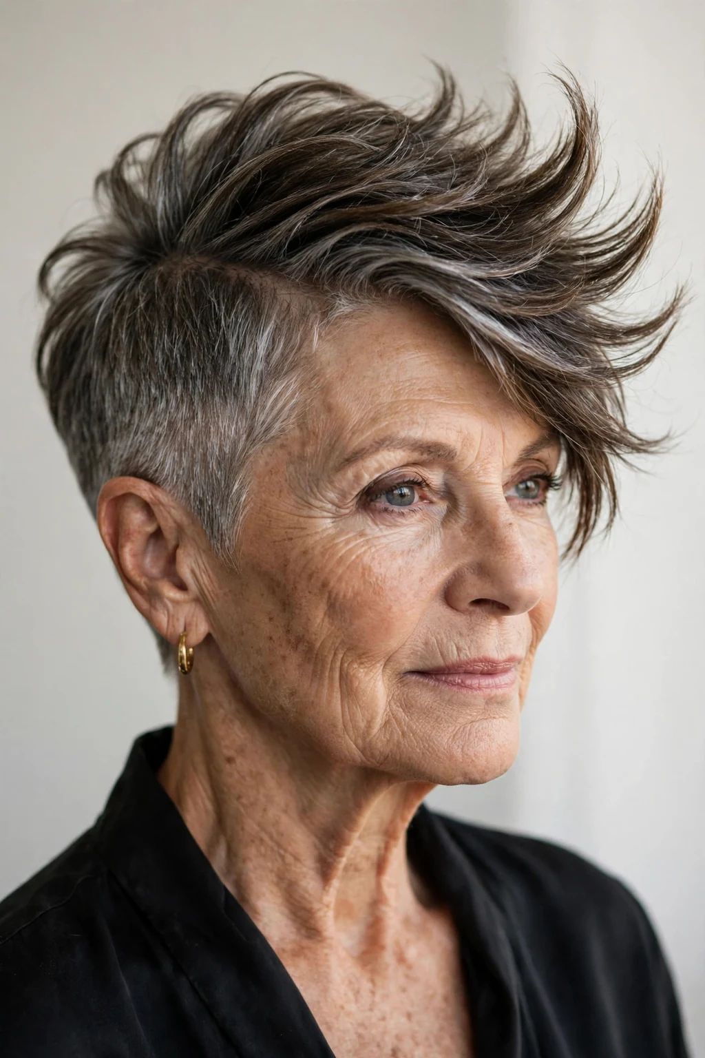 Elegant woman over 60 with long-top pixie, dramatic length contrast, bold light.