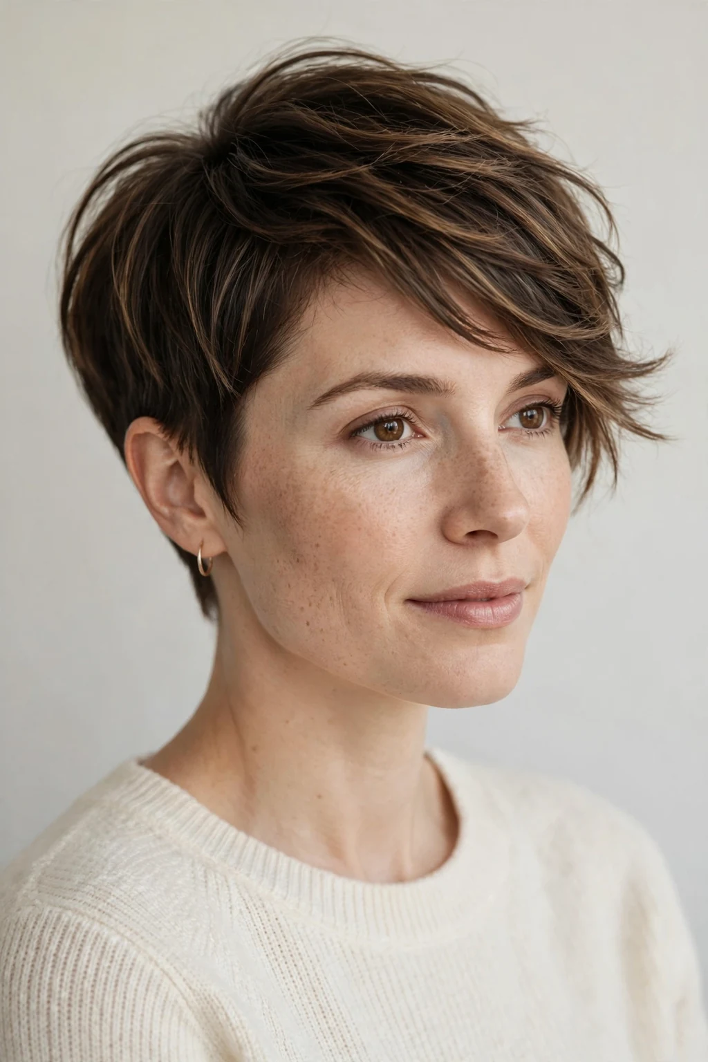 Woman with pixie featuring long top layers, flowing length on top, elegant light.