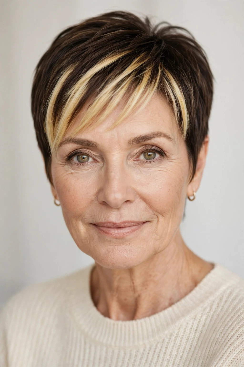 Elegant woman over 50 with pixie with money piece, bright face-framing color, radiant light.