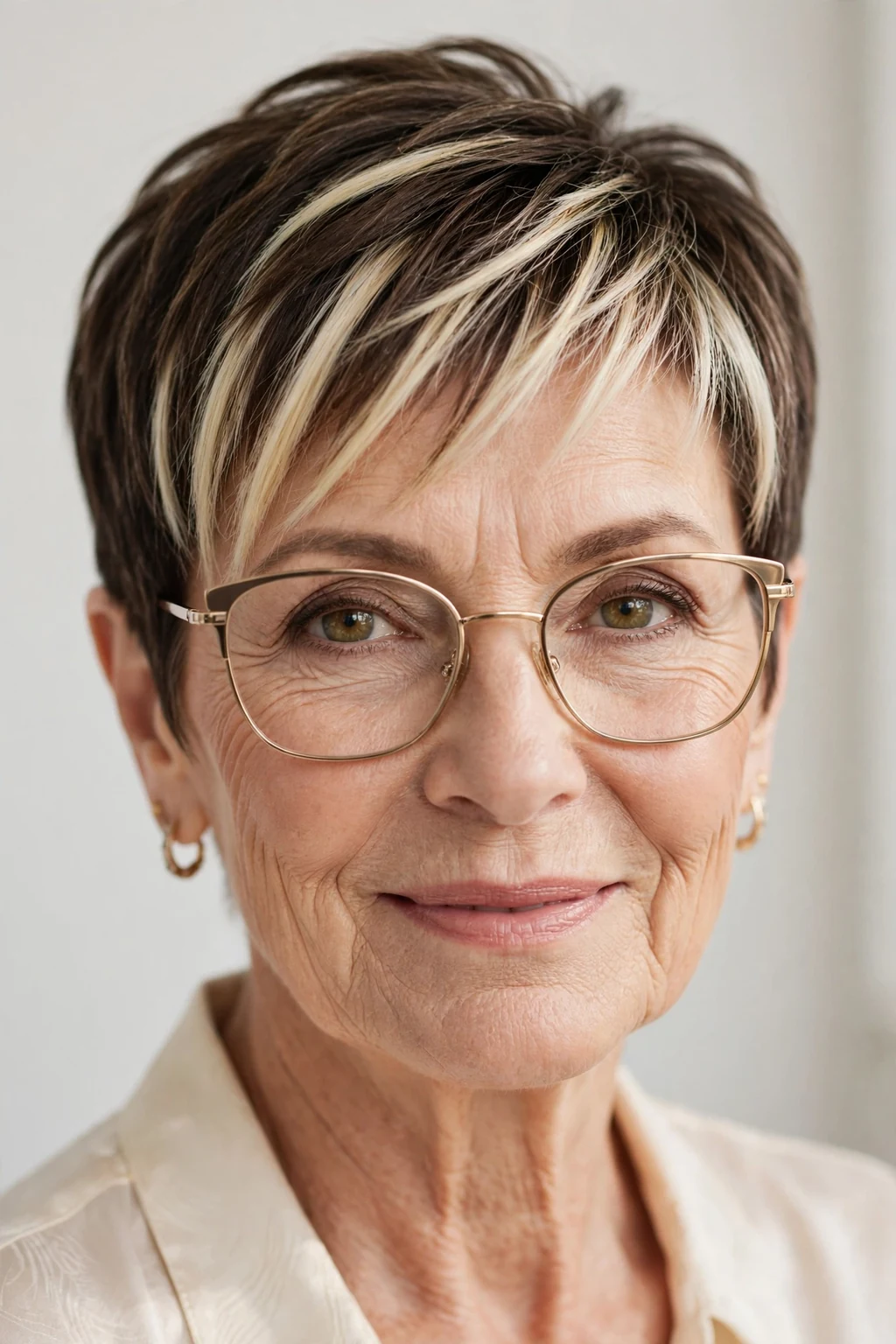 Elegant woman over 60 with glasses and pixie with money piece, bright face-framing color, radiant light.