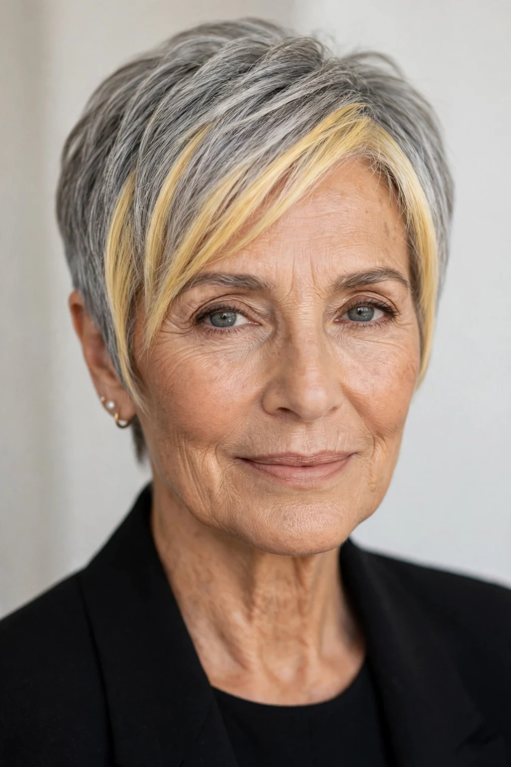Elegant woman over 60 with money piece pixie, bright face-framing color, radiant light.