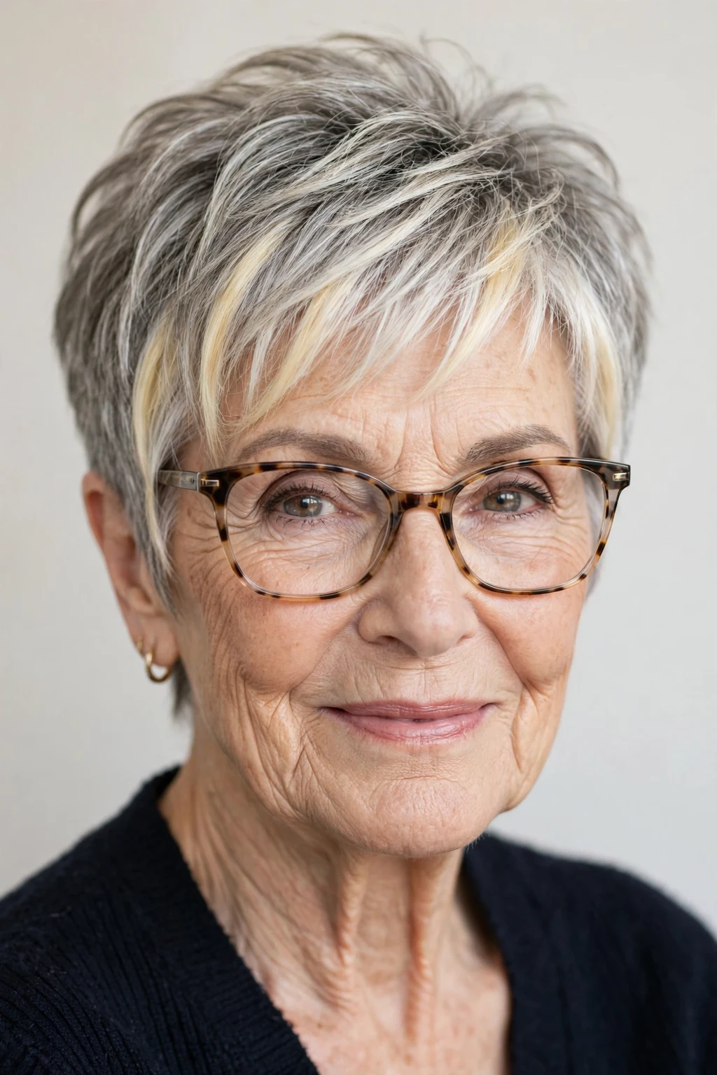 Elegant woman over 70 with glasses and pixie with money piece, bright face-framing color, radiant light.