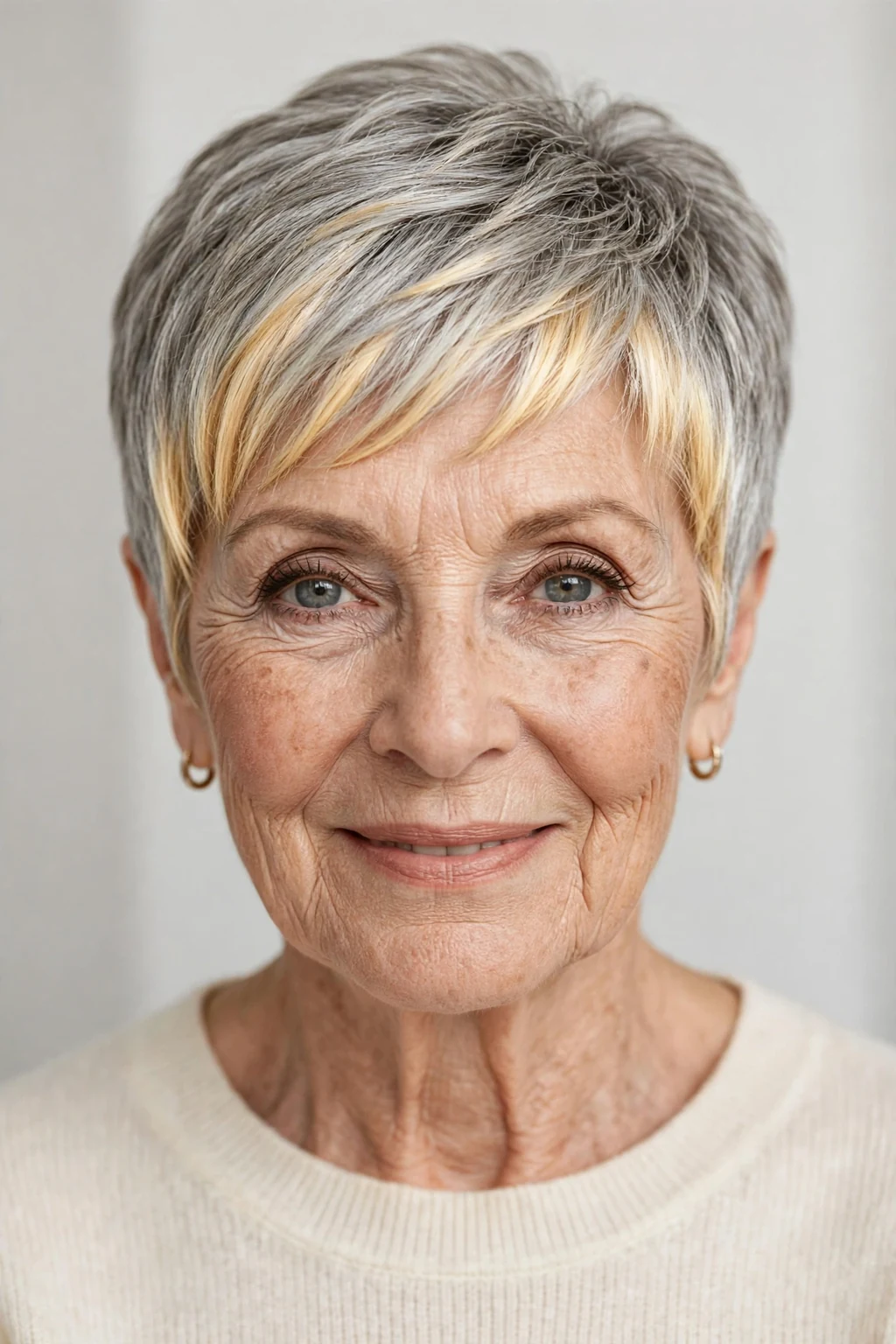 Elegant woman over 70 with pixie and money piece, bright face-framing color, radiant light.