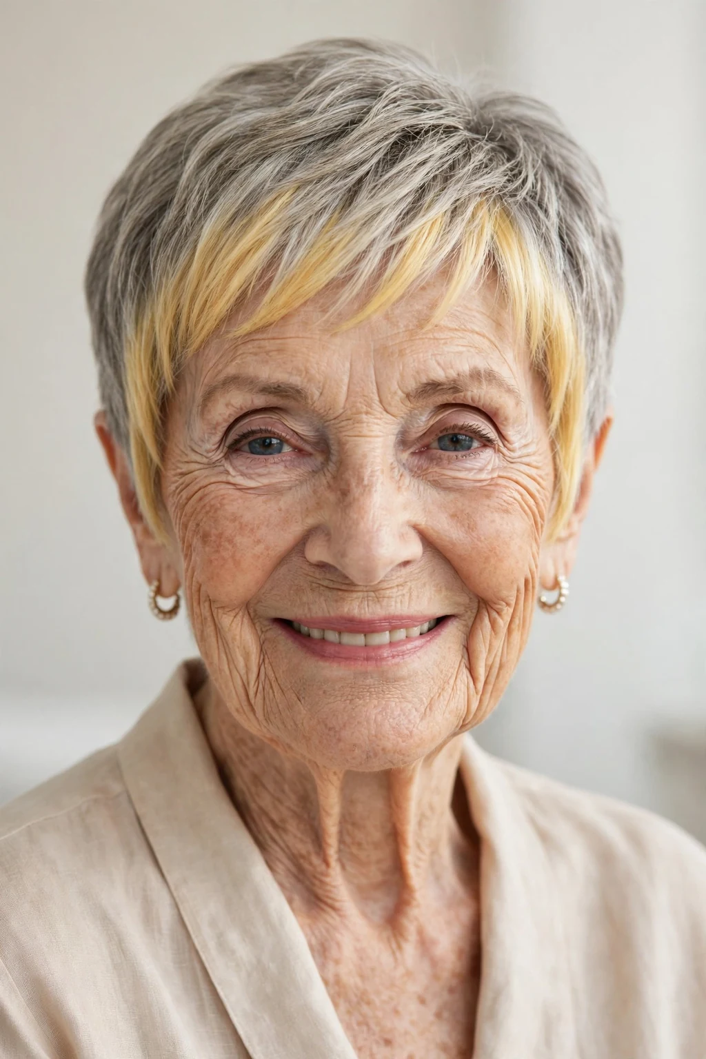 Elegant woman over 80 with pixie and money piece, bright face-framing color, radiant light.