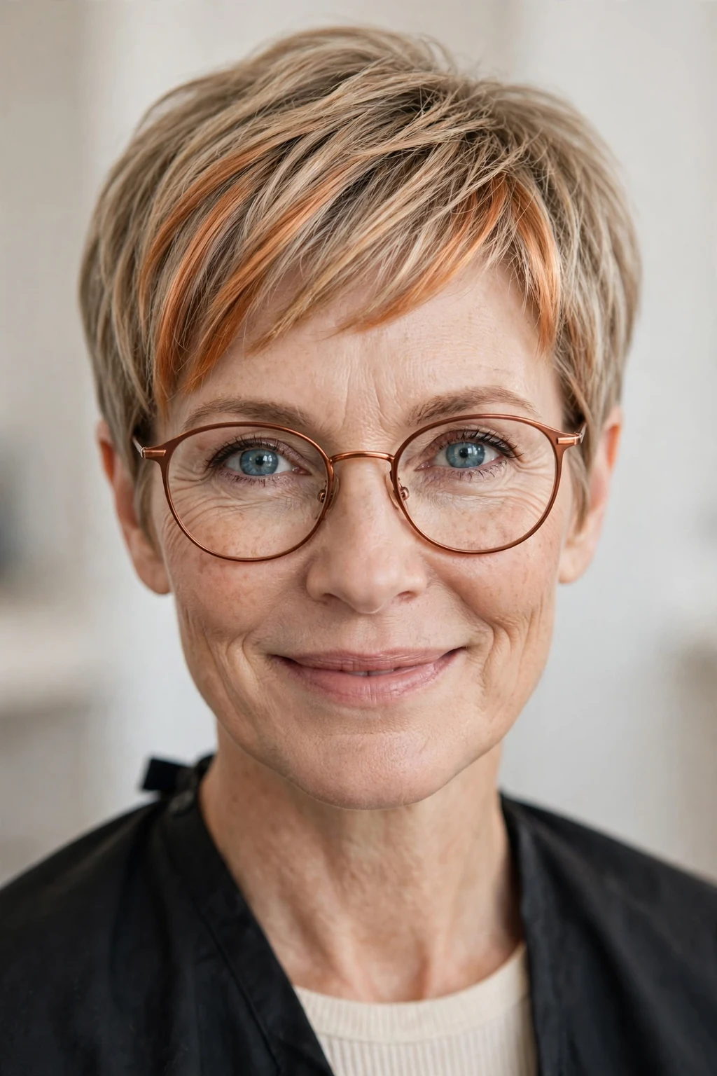 Elegant woman over 50 with fine hair and glasses and pixie with money piece, bright face-framing color, radiant light.
