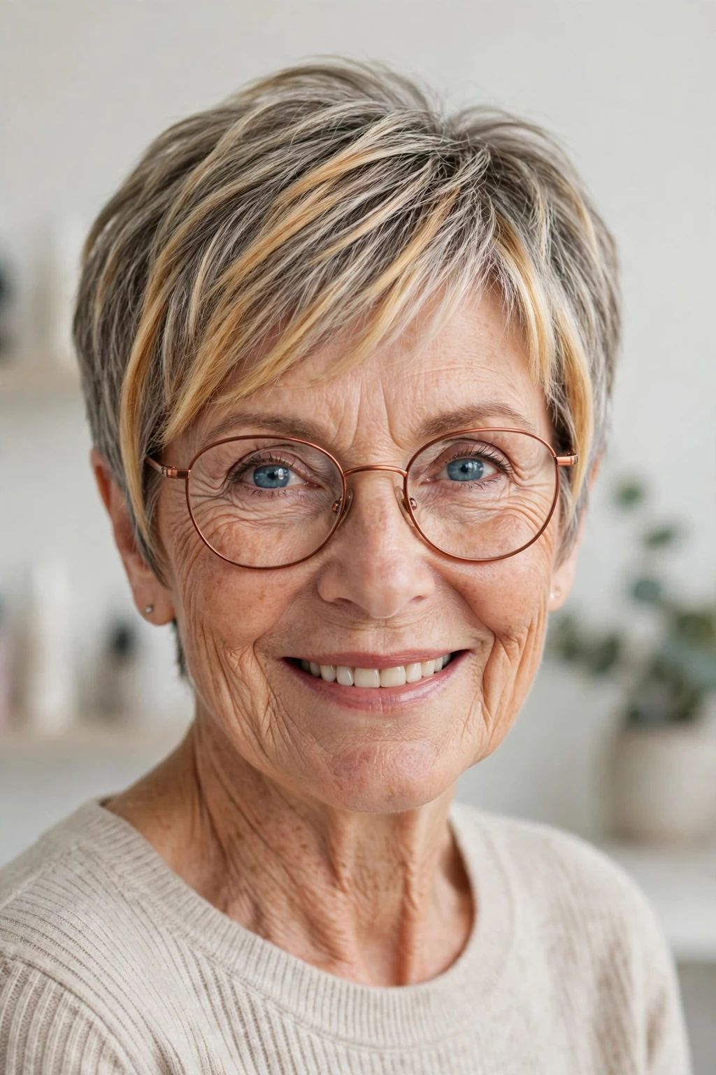 Elegant older woman with fine hair and glasses and pixie with money piece, bright face-framing color, radiant light.