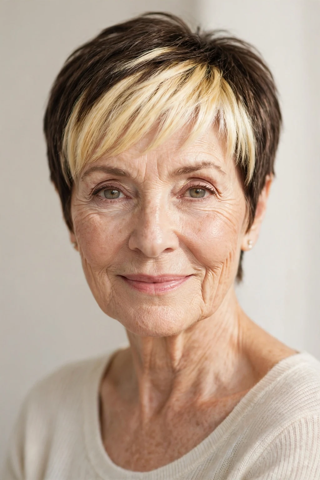 Elegant older woman with pixie with money piece, bright face-framing color, radiant light.
