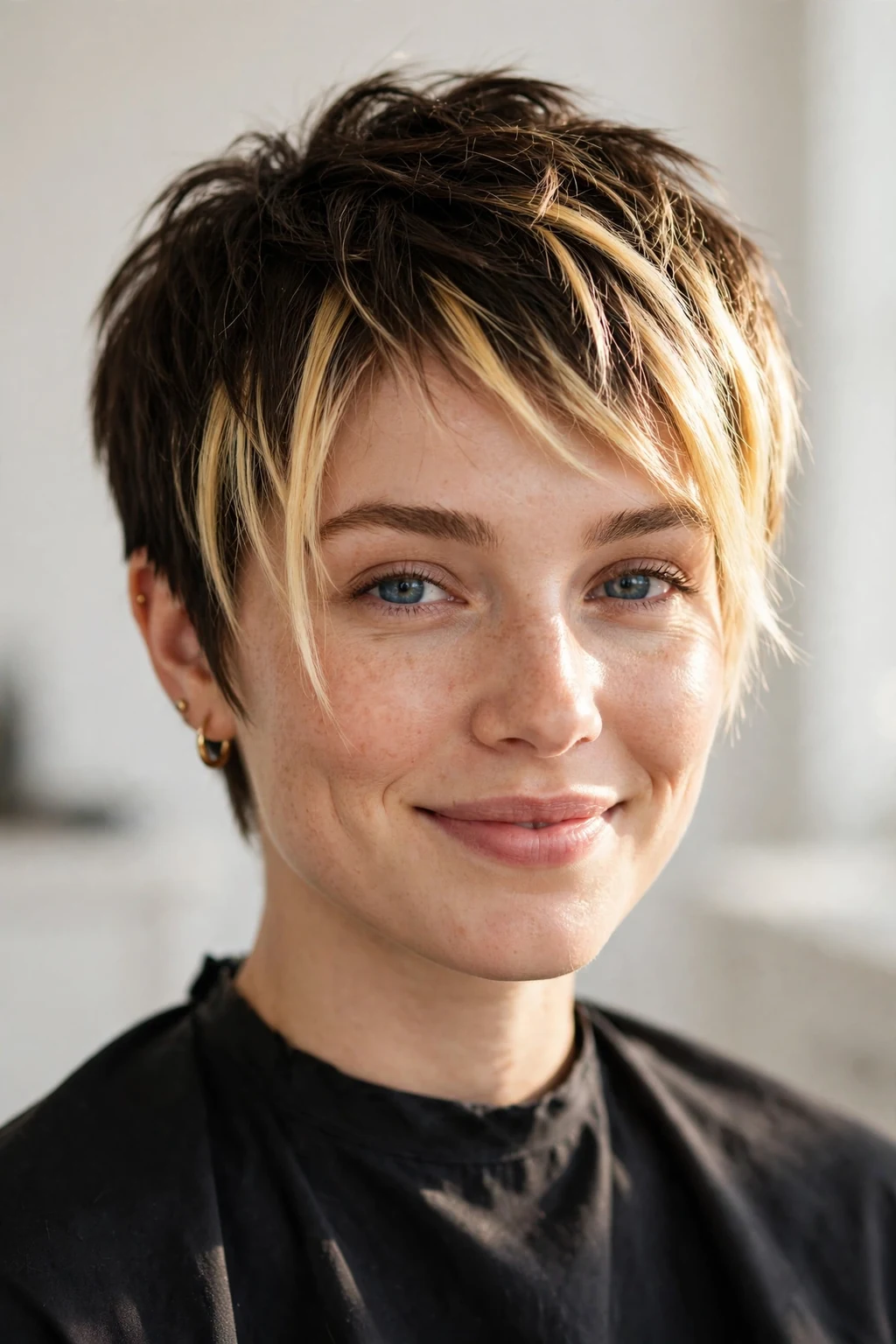 Woman with pixie and money piece, bright face-framing color, radiant light.