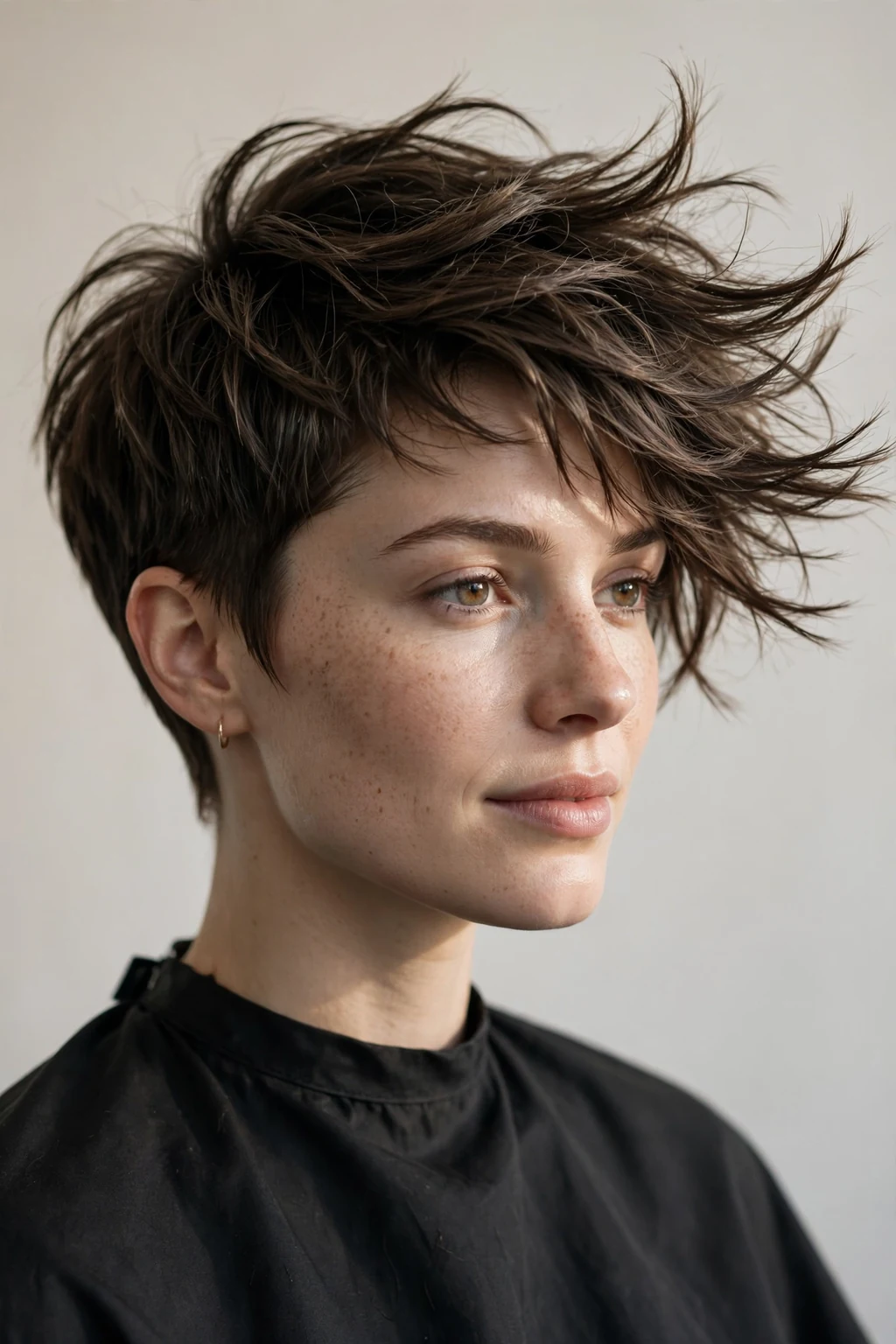 Woman with pixie and razored texture, feathered shattered ends, dramatic light.