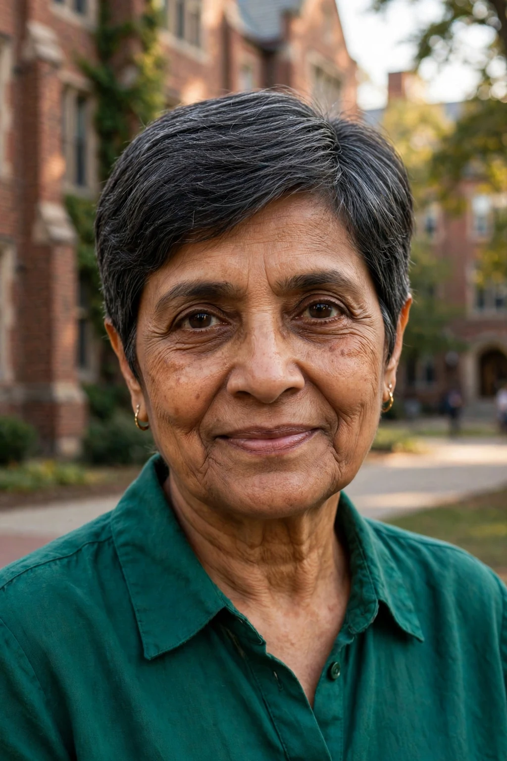A South Asian woman around sixty with a side-part pixie haircut, wearing an emerald blouse on a university campus.