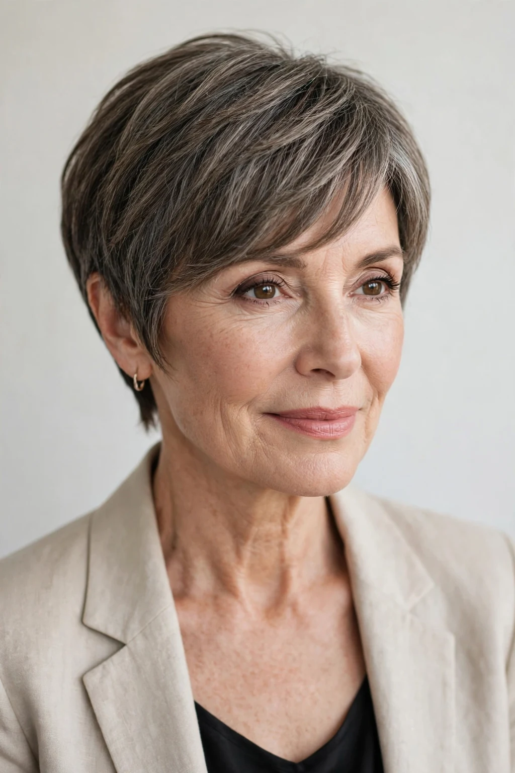 Elegant woman over 50 with pixie with side-swept bangs, graceful diagonal fringe, chic light.