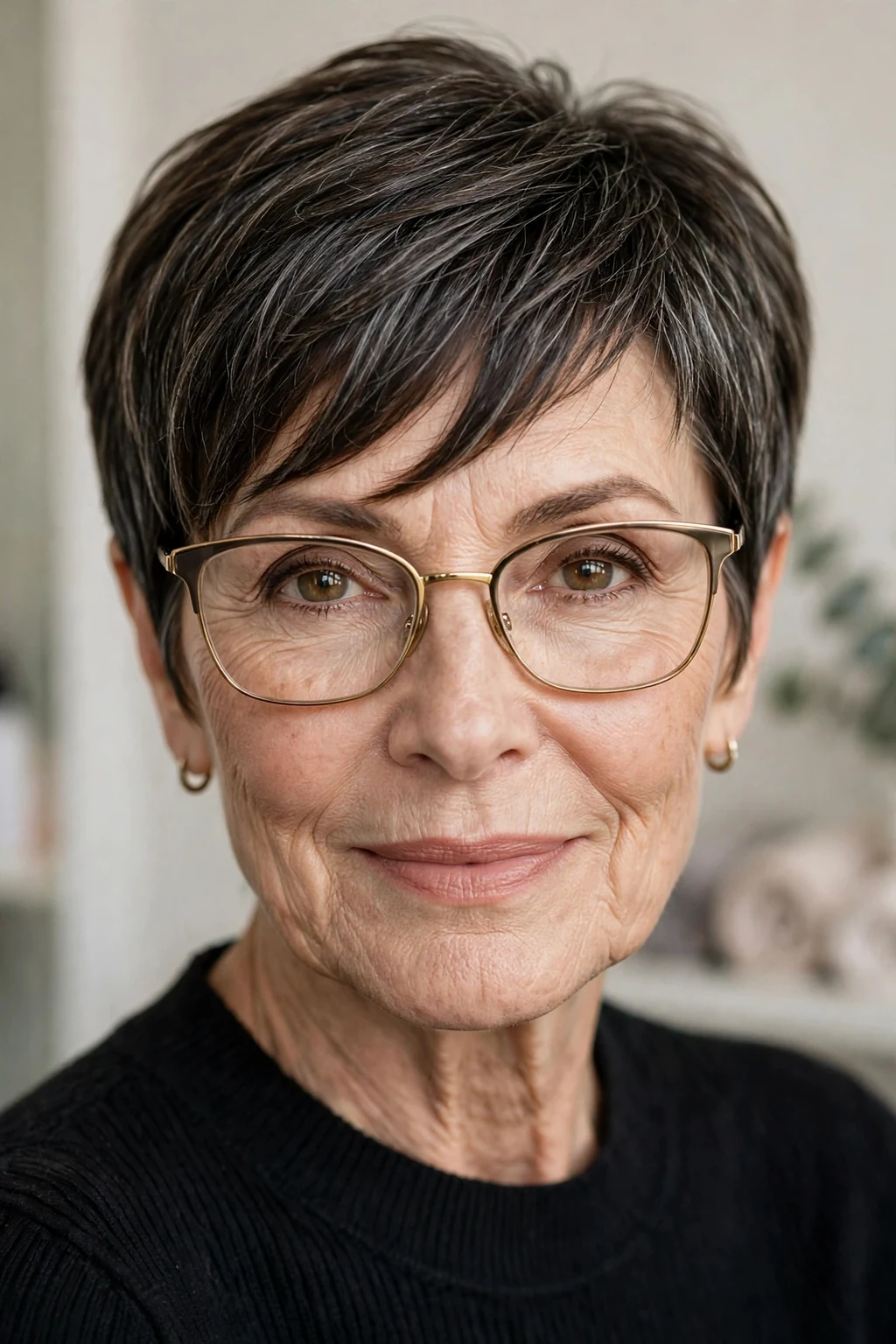 Elegant woman over 60 with glasses and pixie with side-swept bangs, graceful diagonal fringe, chic light.