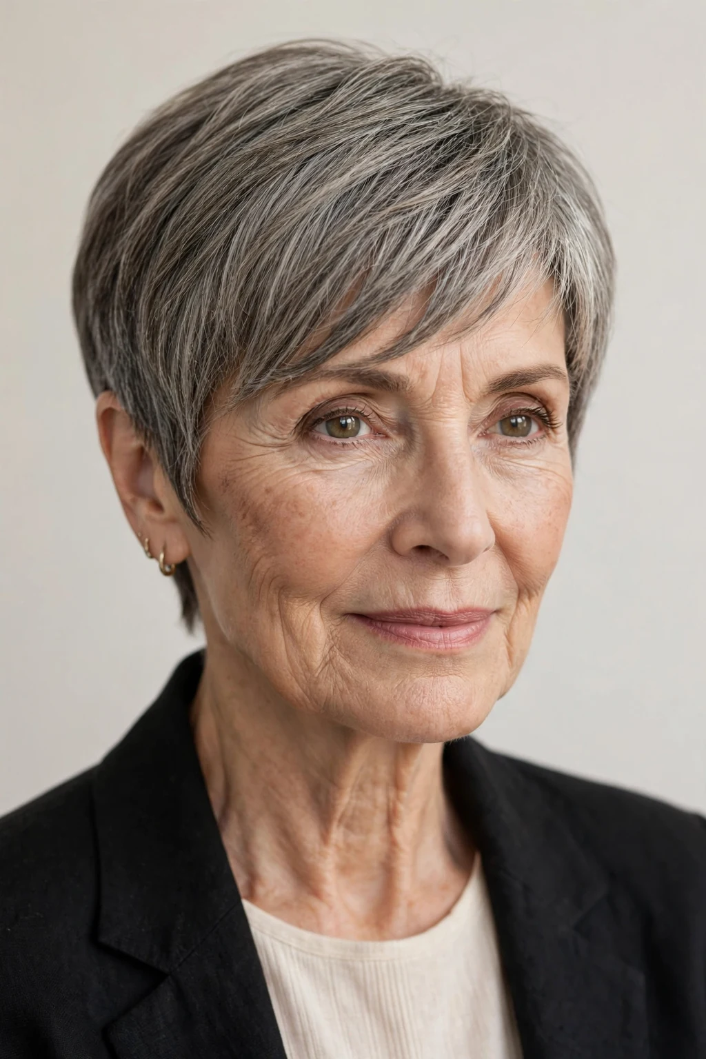 Elegant woman over 60 with pixie and side-swept bangs, graceful diagonal fringe, chic light.