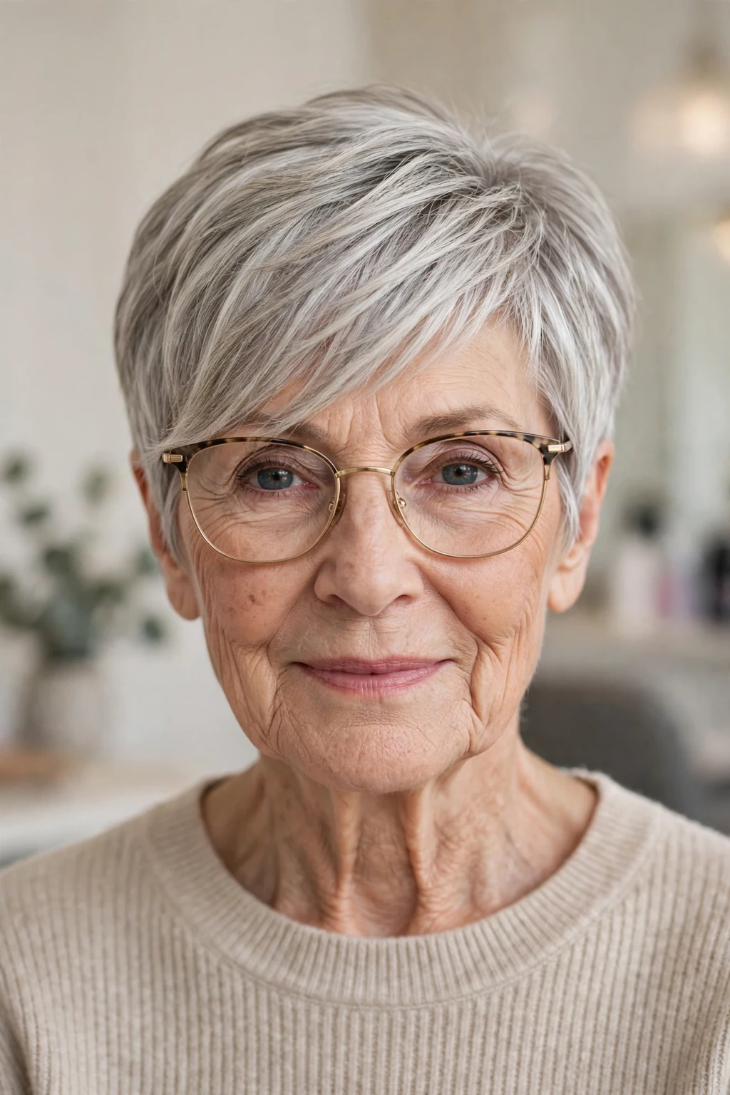 Elegant woman over 70 with glasses and pixie with side-swept bangs, graceful diagonal fringe, chic light.