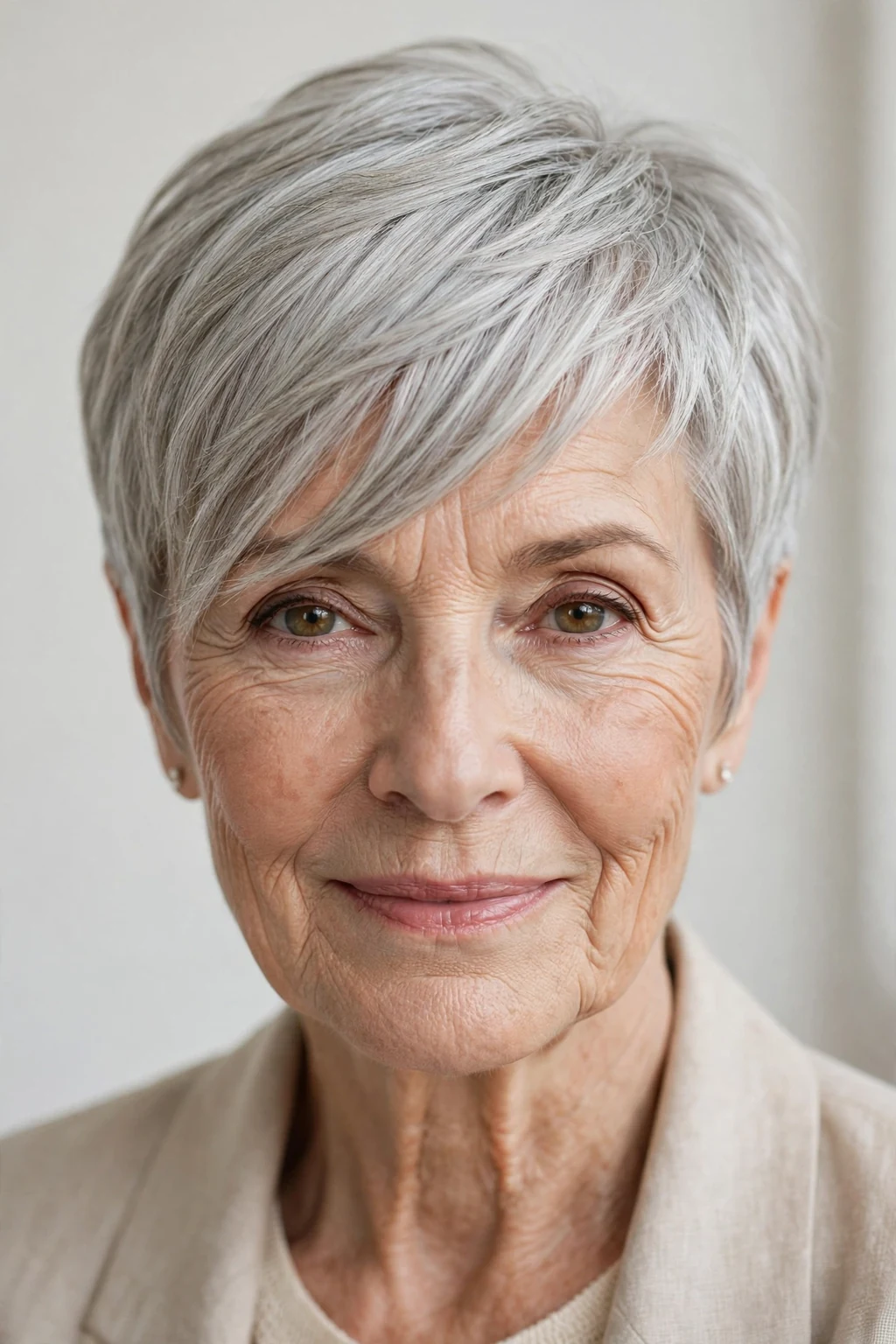 Elegant woman over 70 with pixie and side-swept bangs, graceful diagonal fringe, chic light.