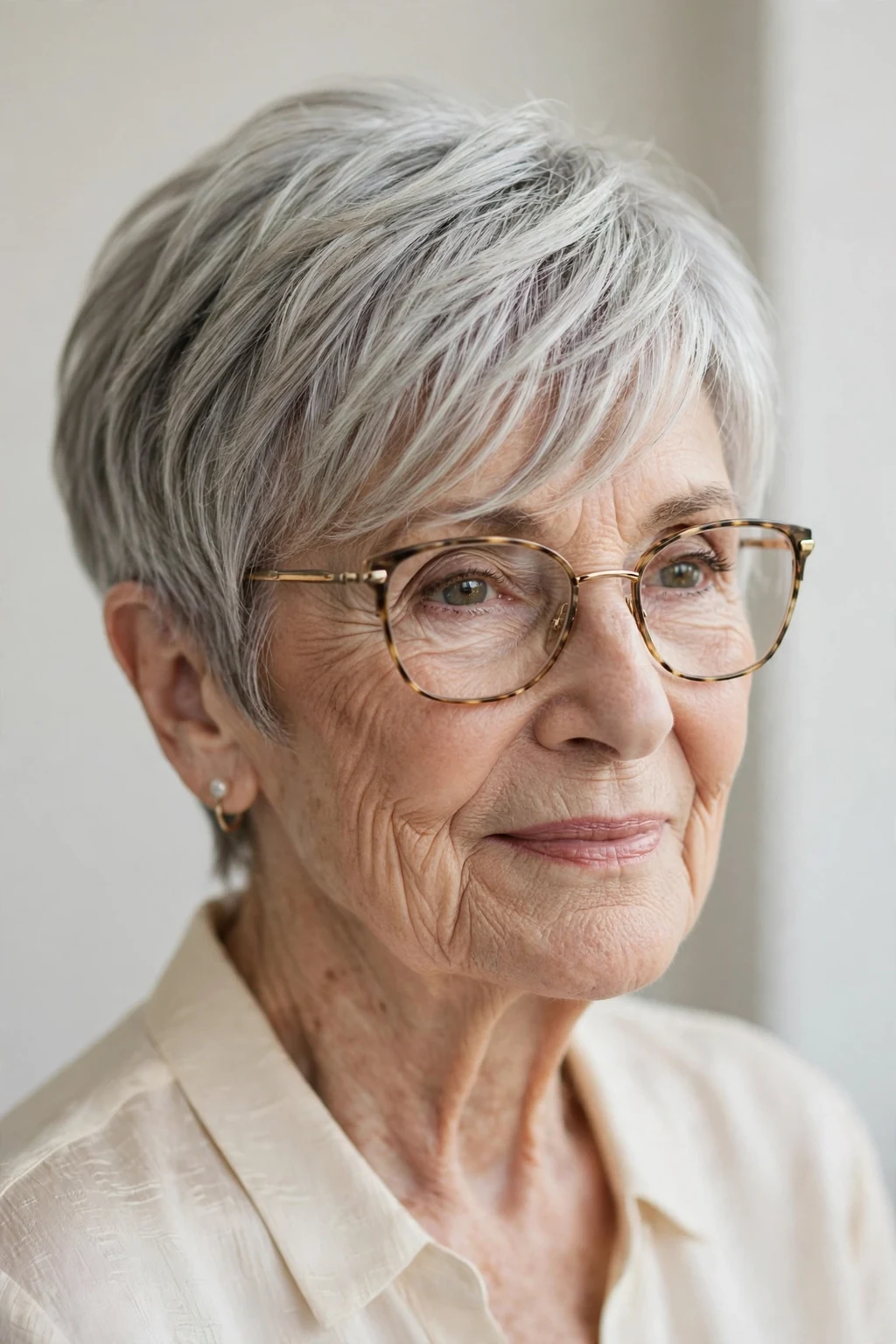 Elegant woman over 80 with glasses and pixie with side-swept bangs, graceful diagonal fringe, chic light.