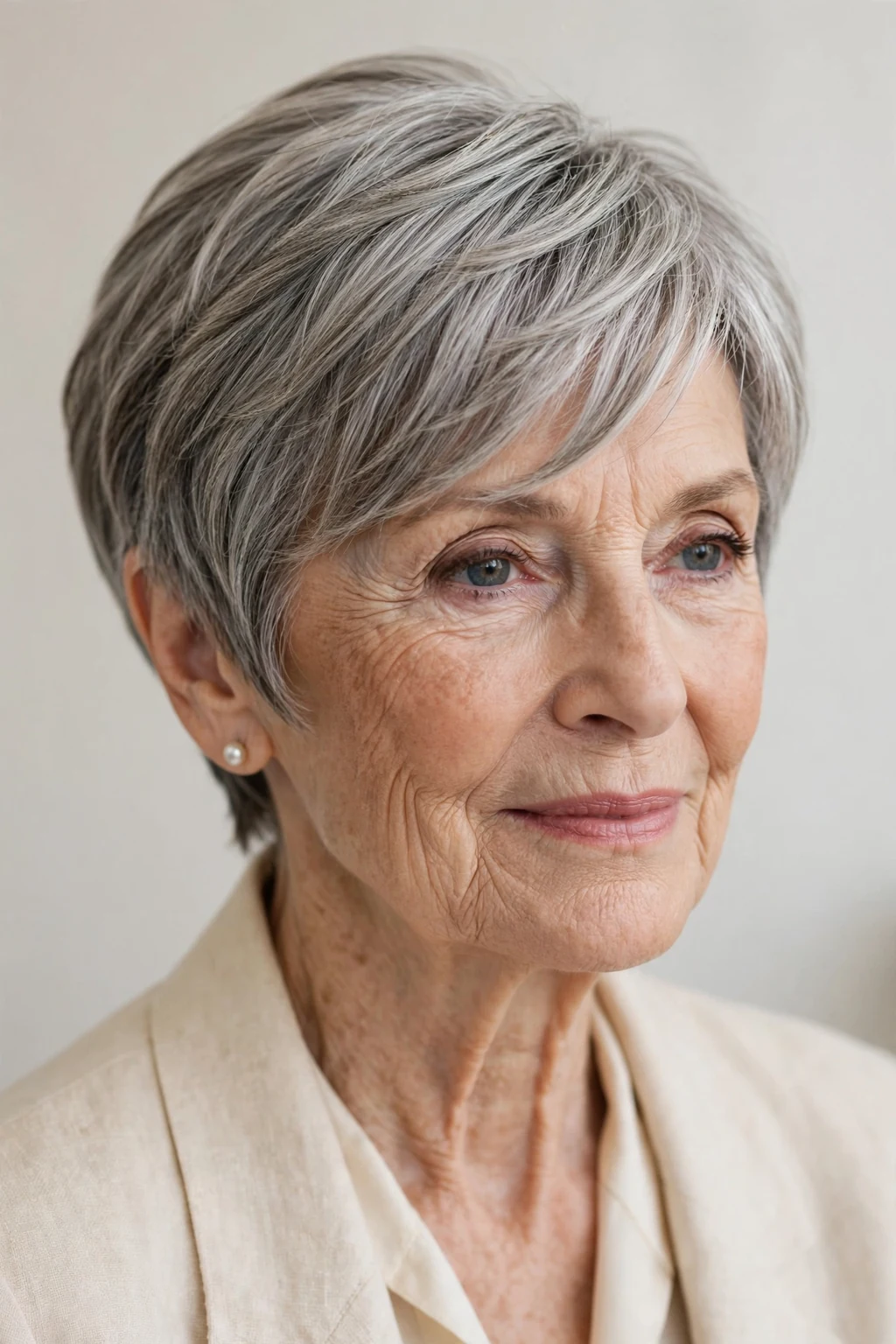 Elegant woman over 80 with pixie and side-swept bangs, graceful diagonal fringe, chic light.