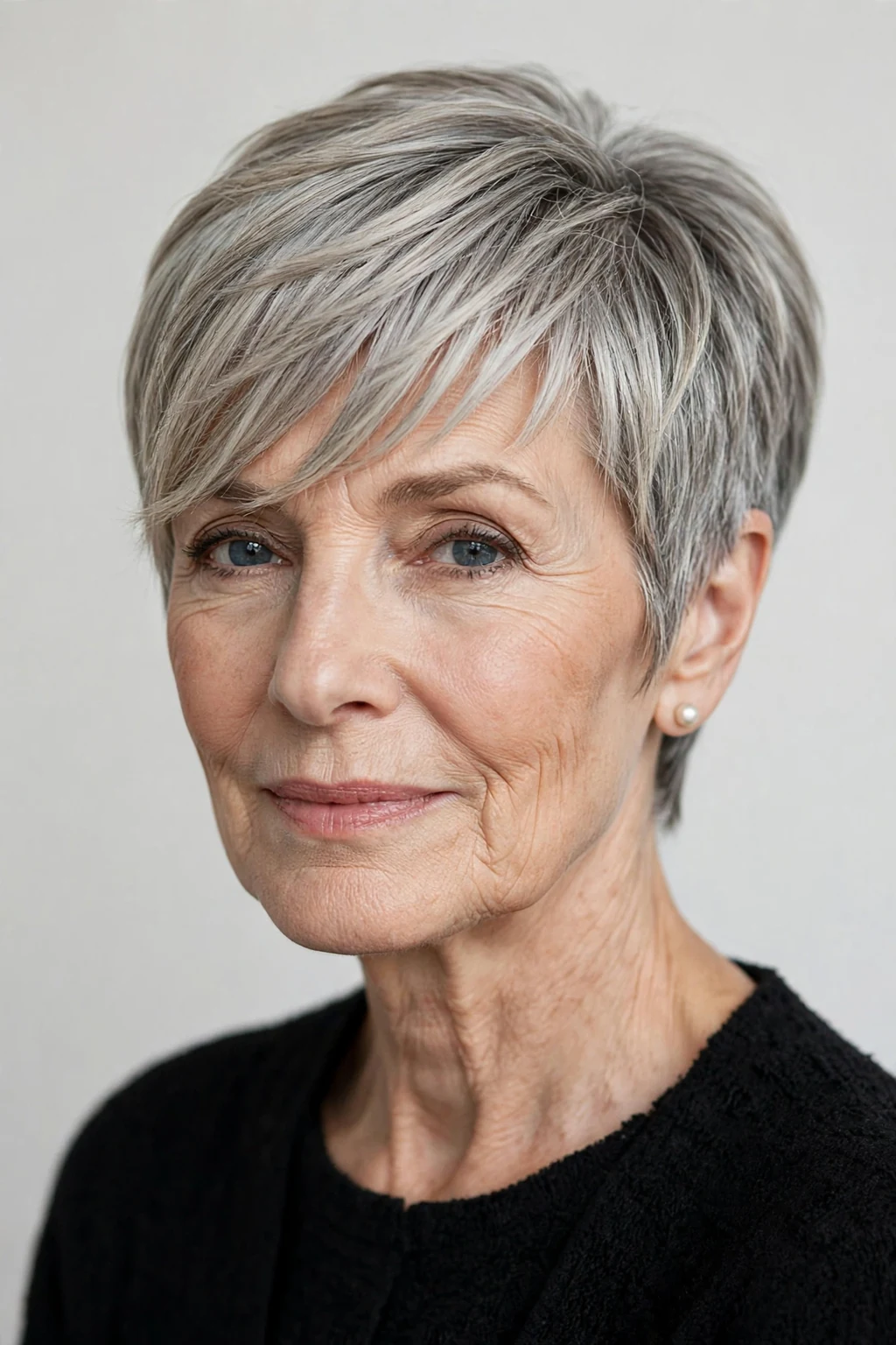 Elegant older woman with pixie with side-swept bangs, graceful diagonal fringe, chic light.