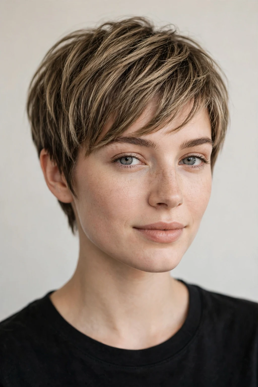 Woman with pixie and side-swept bangs, sweeping fringe with short cut, soft light.