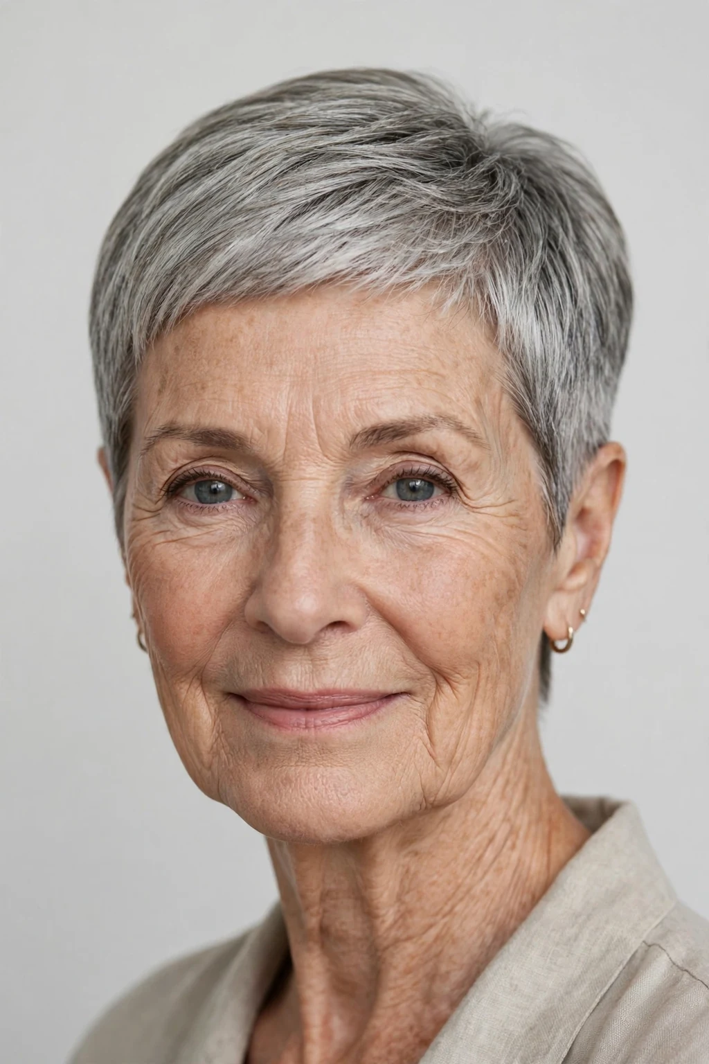 Elegant woman over 60 with tapered nape pixie, clean graduated back, precise light.