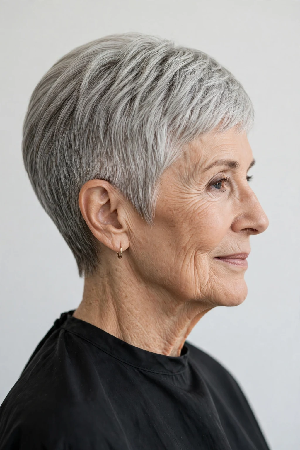 Elegant woman over 70 with pixie and tapered nape, clean graduated back, precise light.