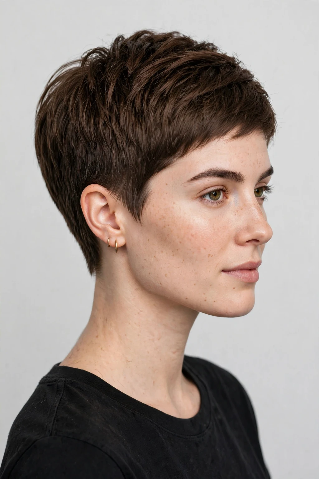 Woman with pixie and tapered nape, clean graduated back, precise lighting.
