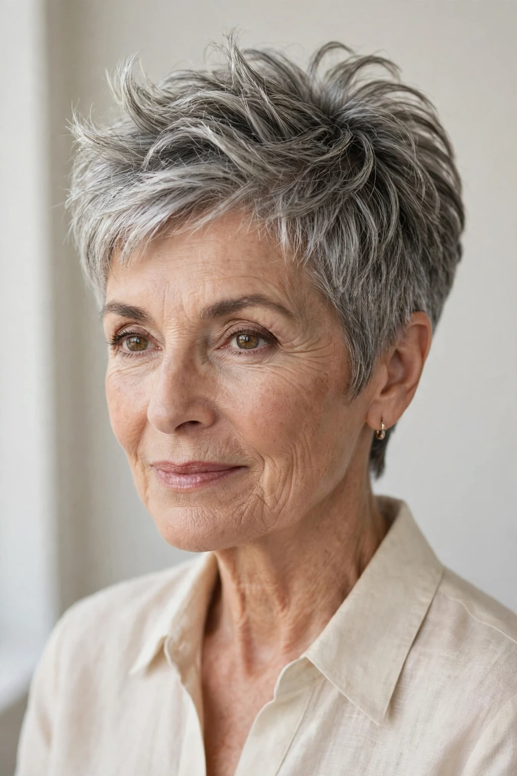 Elegant woman over 60 with textured crown pixie, dimensional lifted top, natural light.