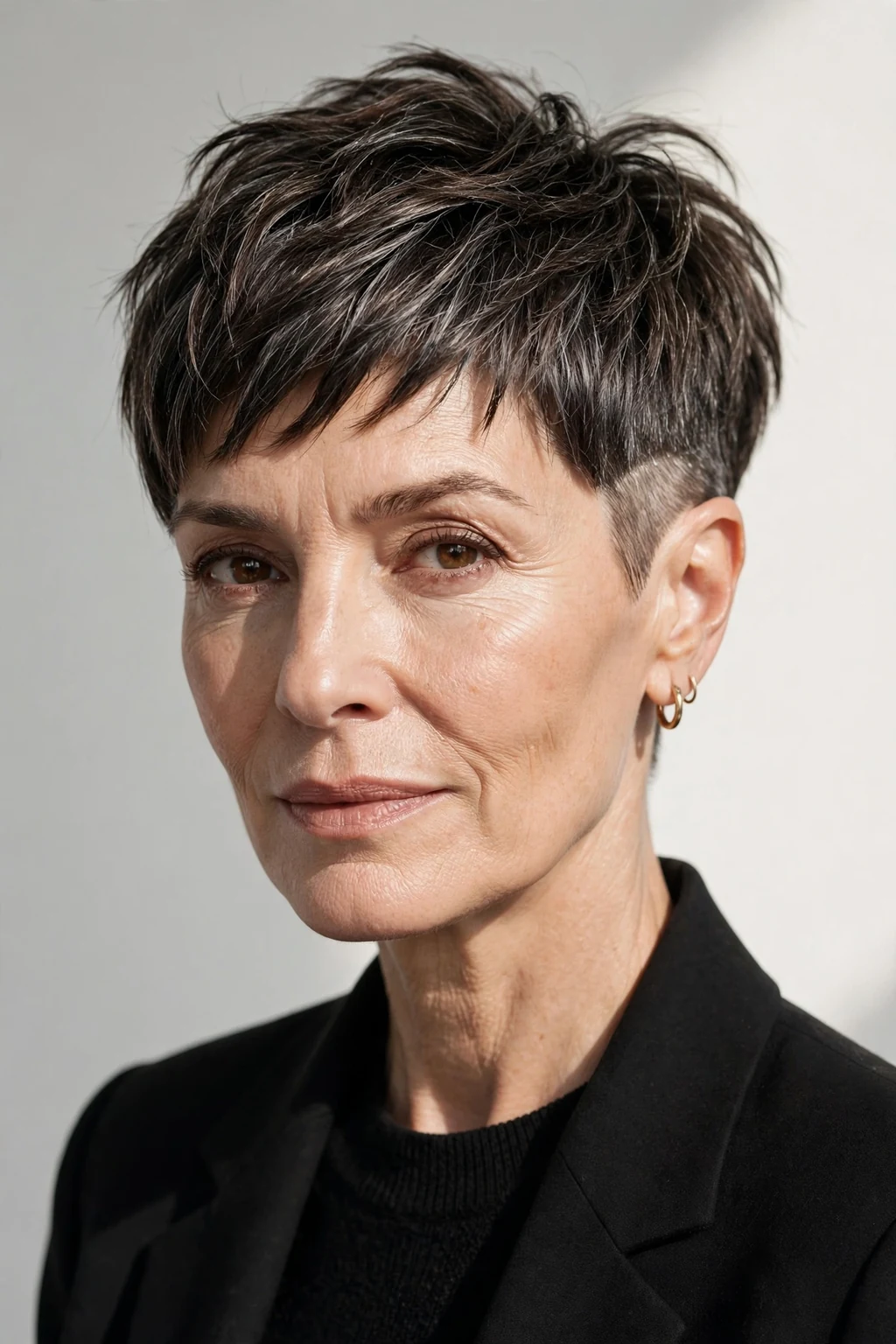 Elegant woman over 50 with pixie with undercut, modern edgy detail, bold light.