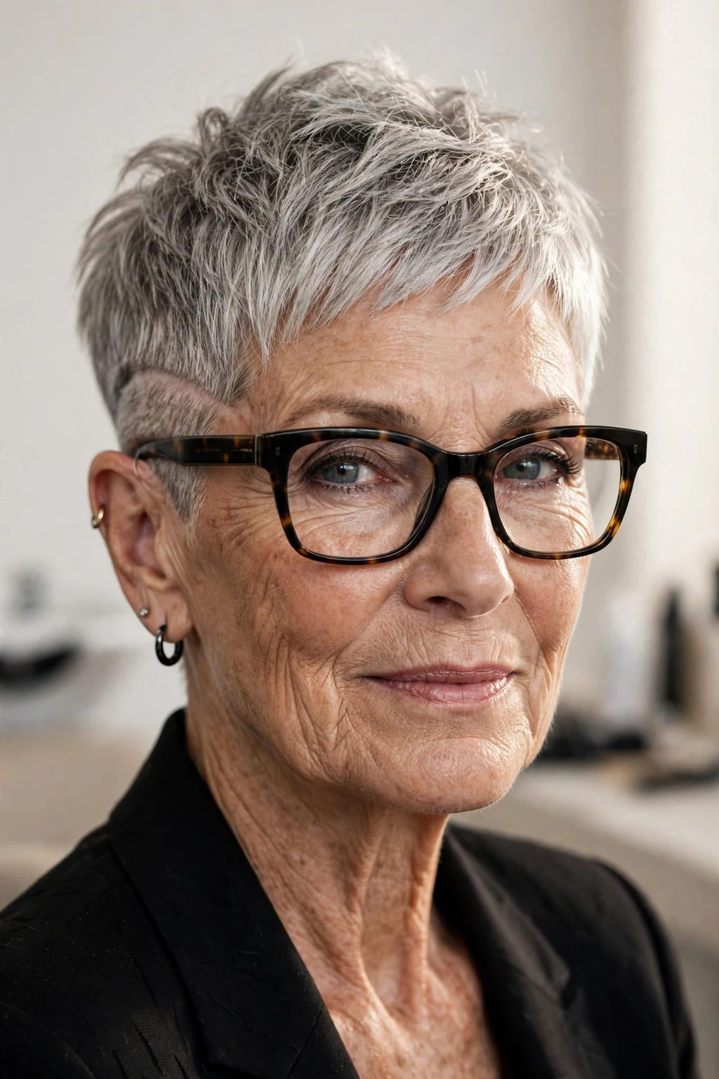 Elegant woman over 60 with glasses and pixie with undercut, modern edgy detail, bold light.