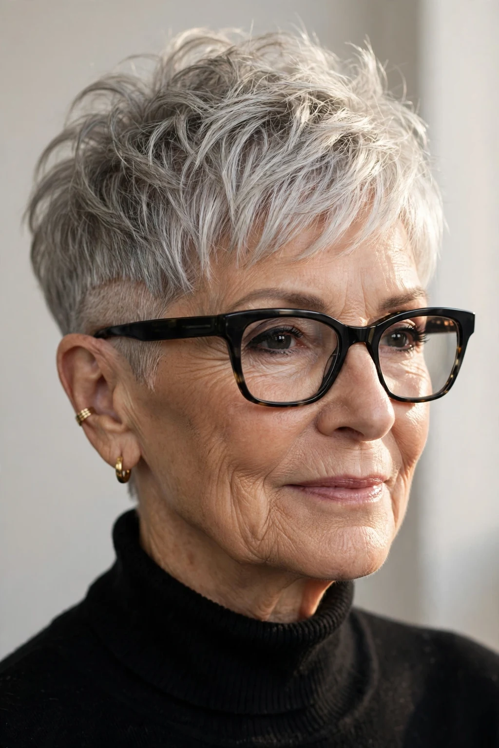 Elegant woman over 70 with glasses and pixie with undercut, modern edgy detail, bold light.